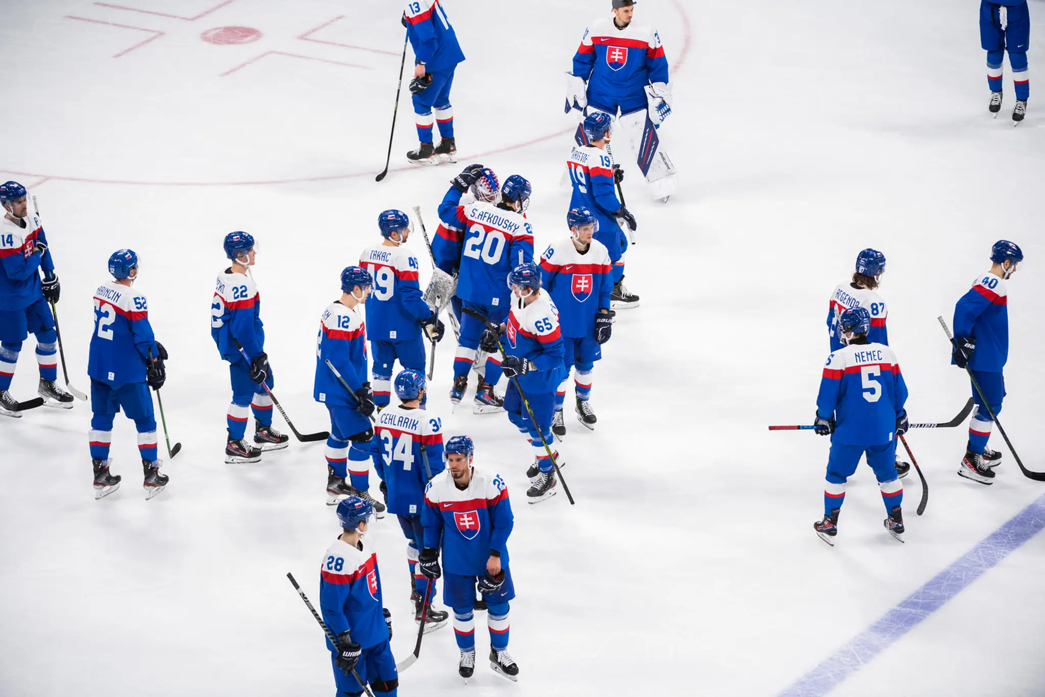 Slovenskí hokejisti po zápase so Švédskom.