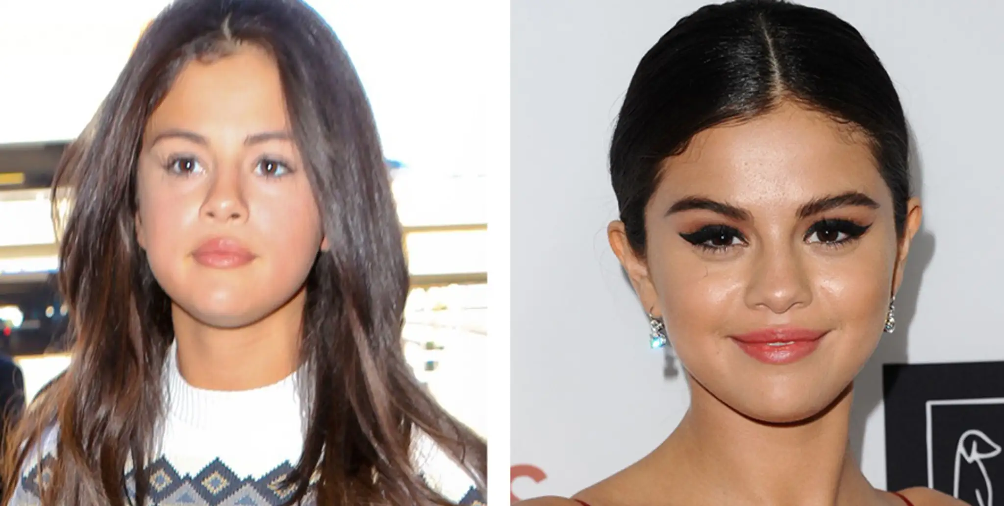 Selena Gomez bez mejkapu a s mejkapom.