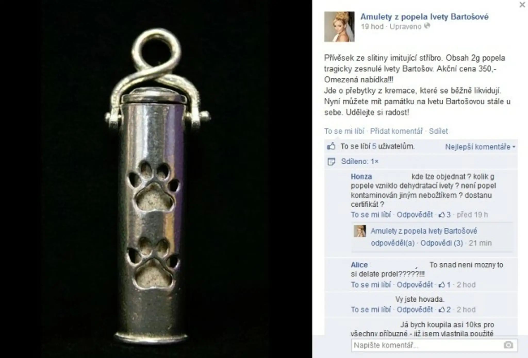 Amulety s popolom Ivety Bartošovej na predaj