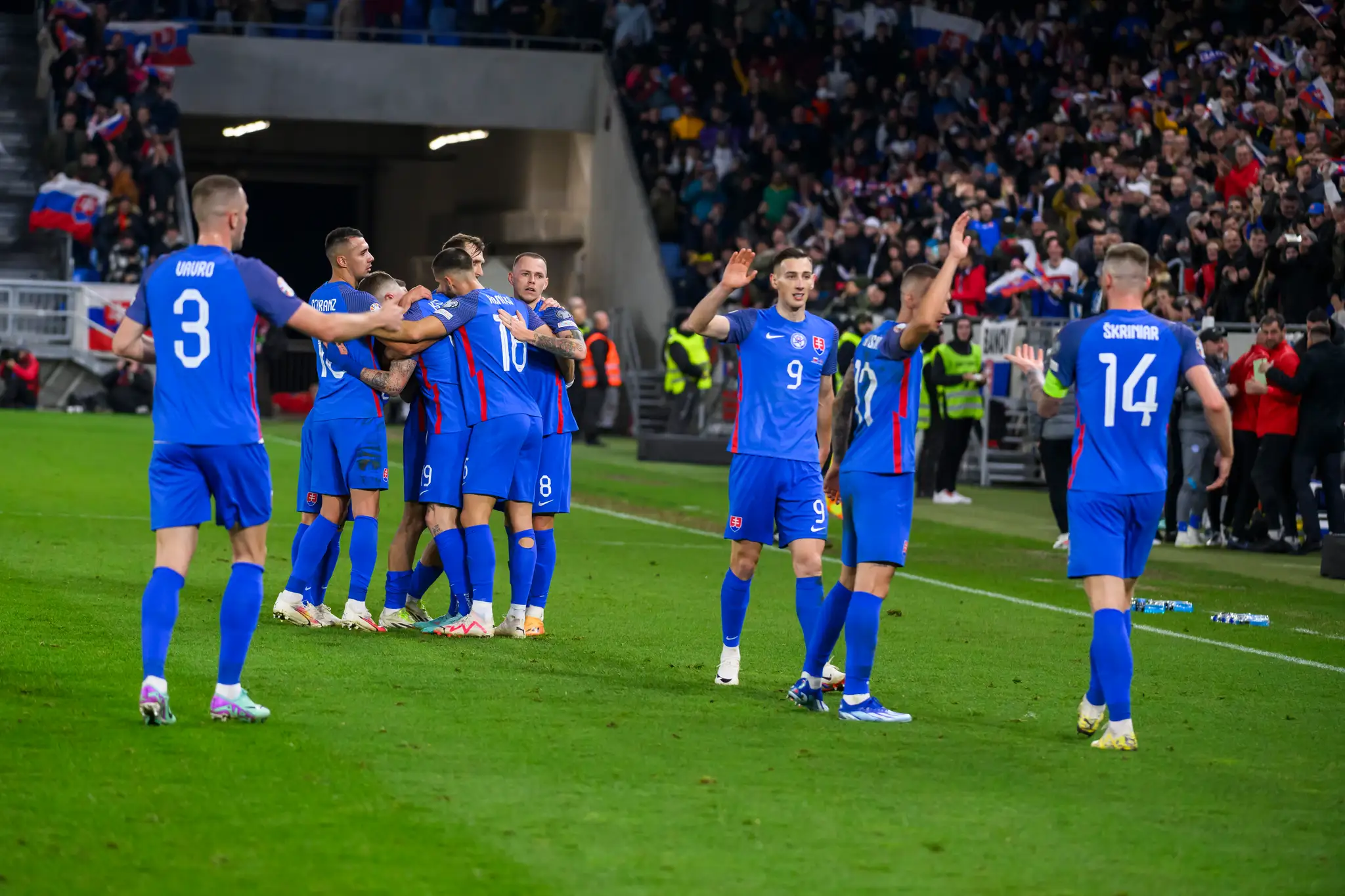 Gólová radosť hráčov Slovenska v zápase kvalifikácie ME 2024 proti Islandu.
