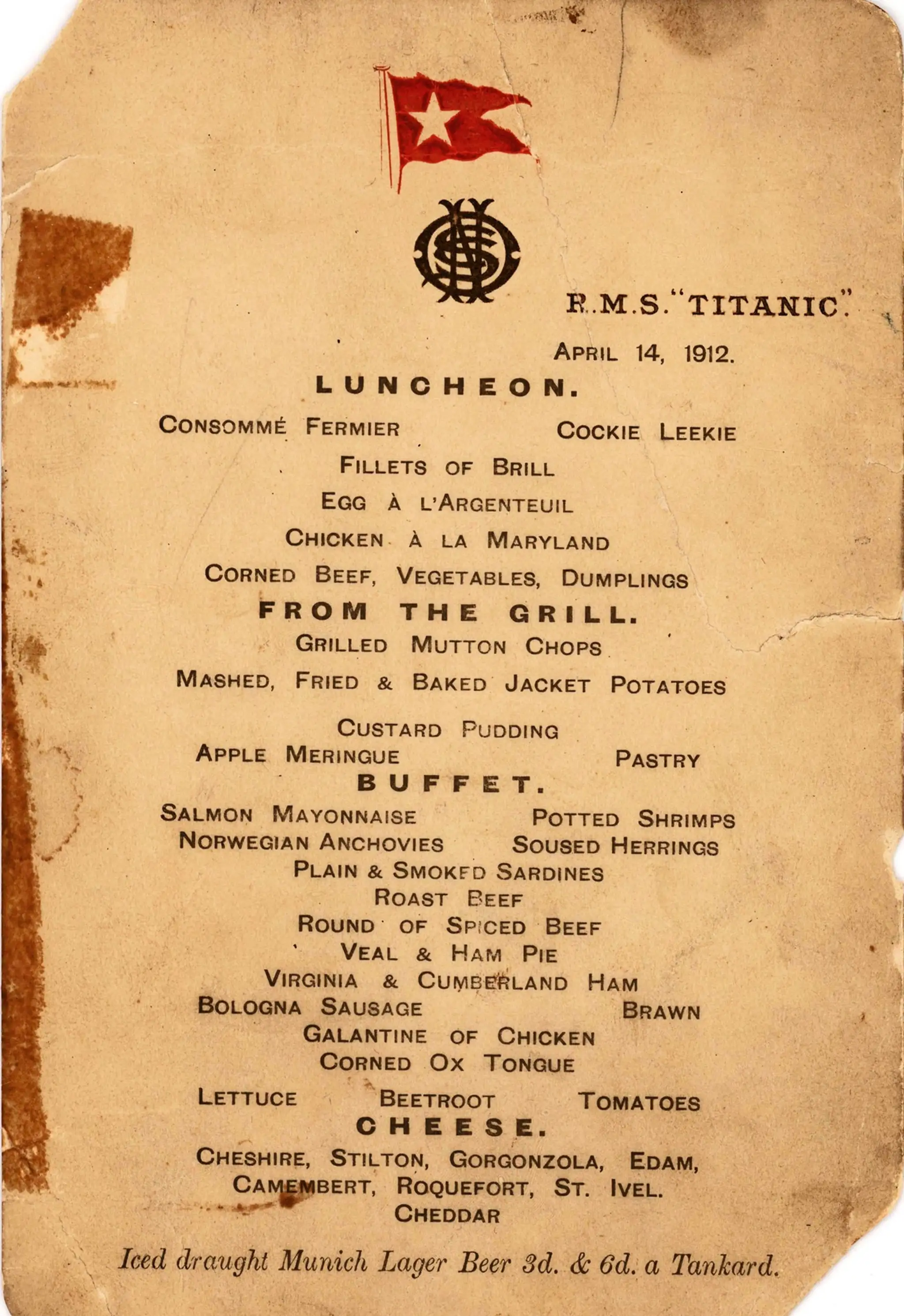 Menu z posledného obeda podávaného pasažierom prvej triedy počas tragickej plavby luxusného zaoceánskeho parníka Titanic vydraži