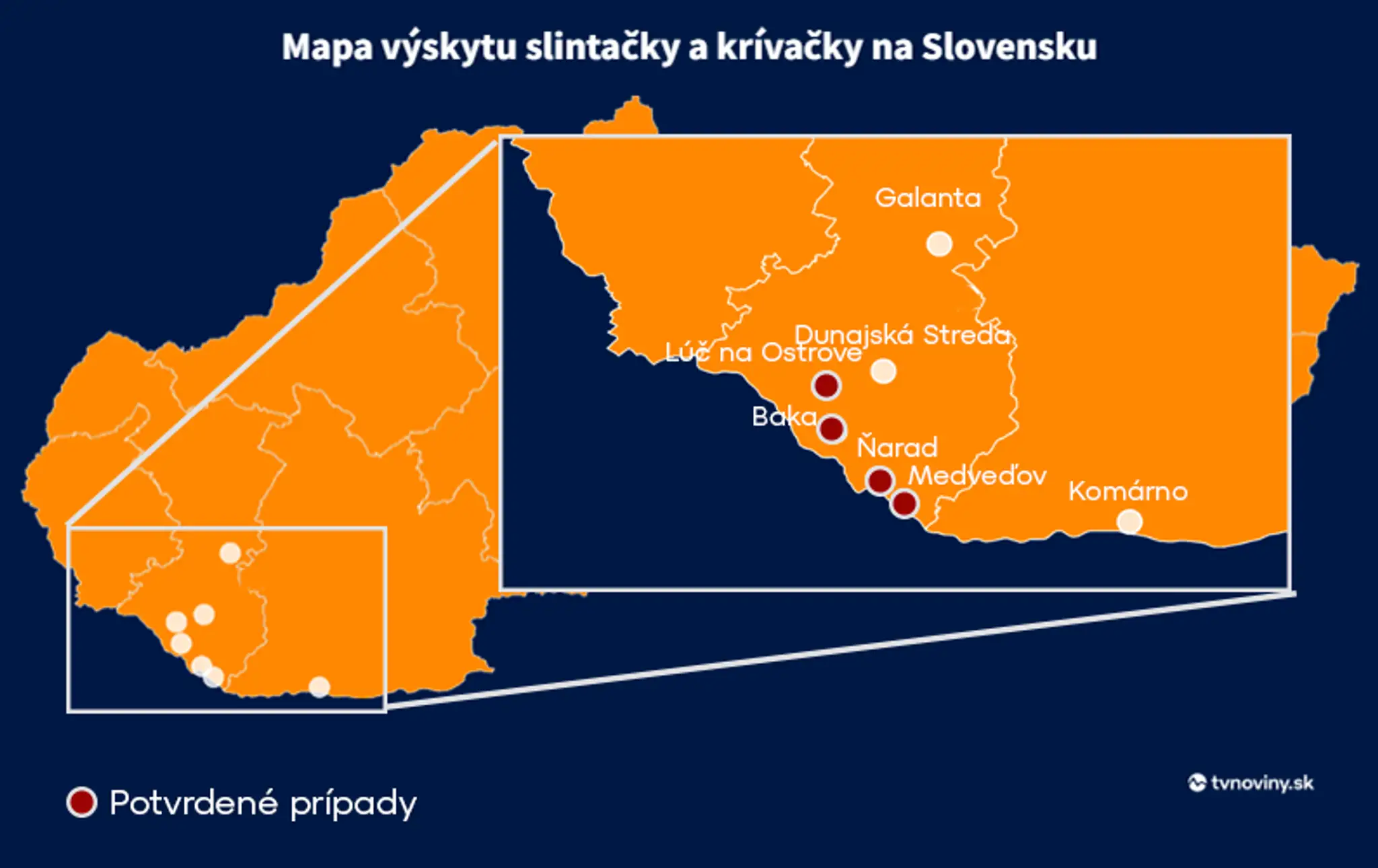 Mapa potvrdených lokalít slintačky.