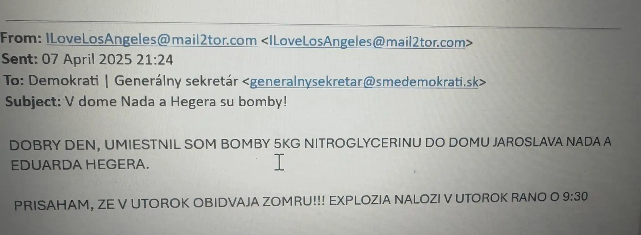 Výhražný mail, ktorý dostal Jaroslav Naď a Eduard Heger