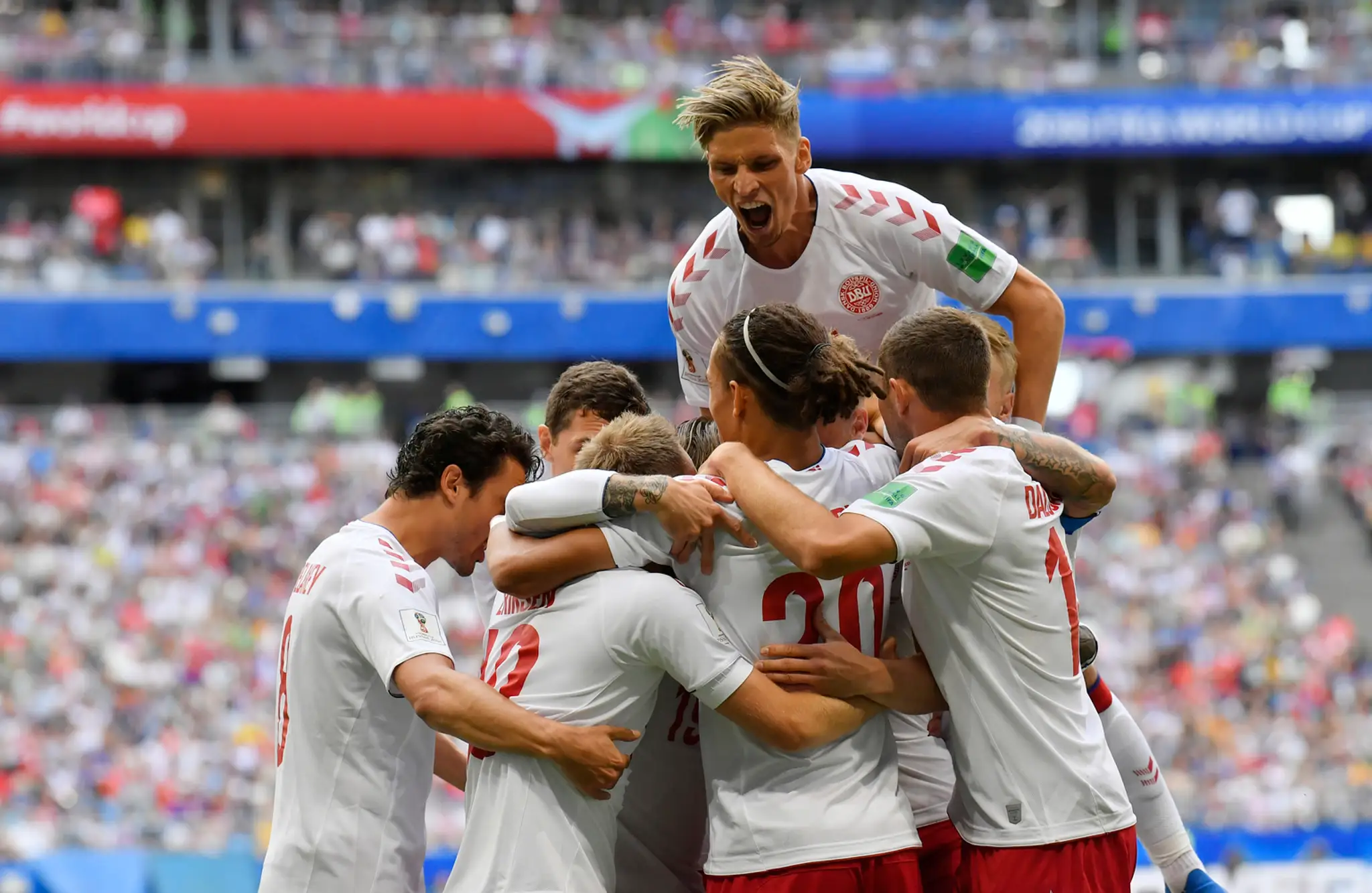 Dánska radosť po góle proti Austrálii na MS 2018.