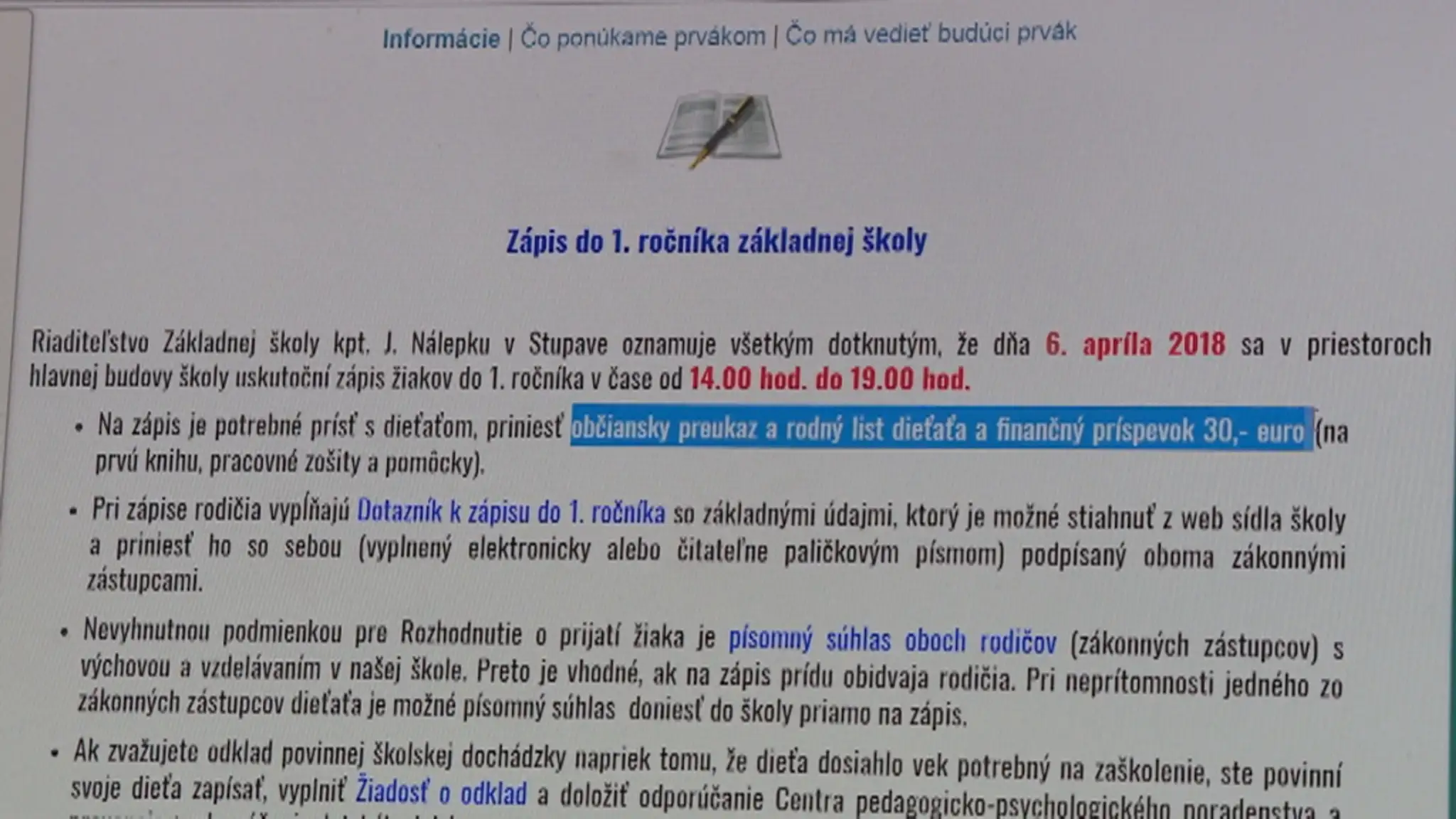 Inštrukcie k zápisu prvákov.
