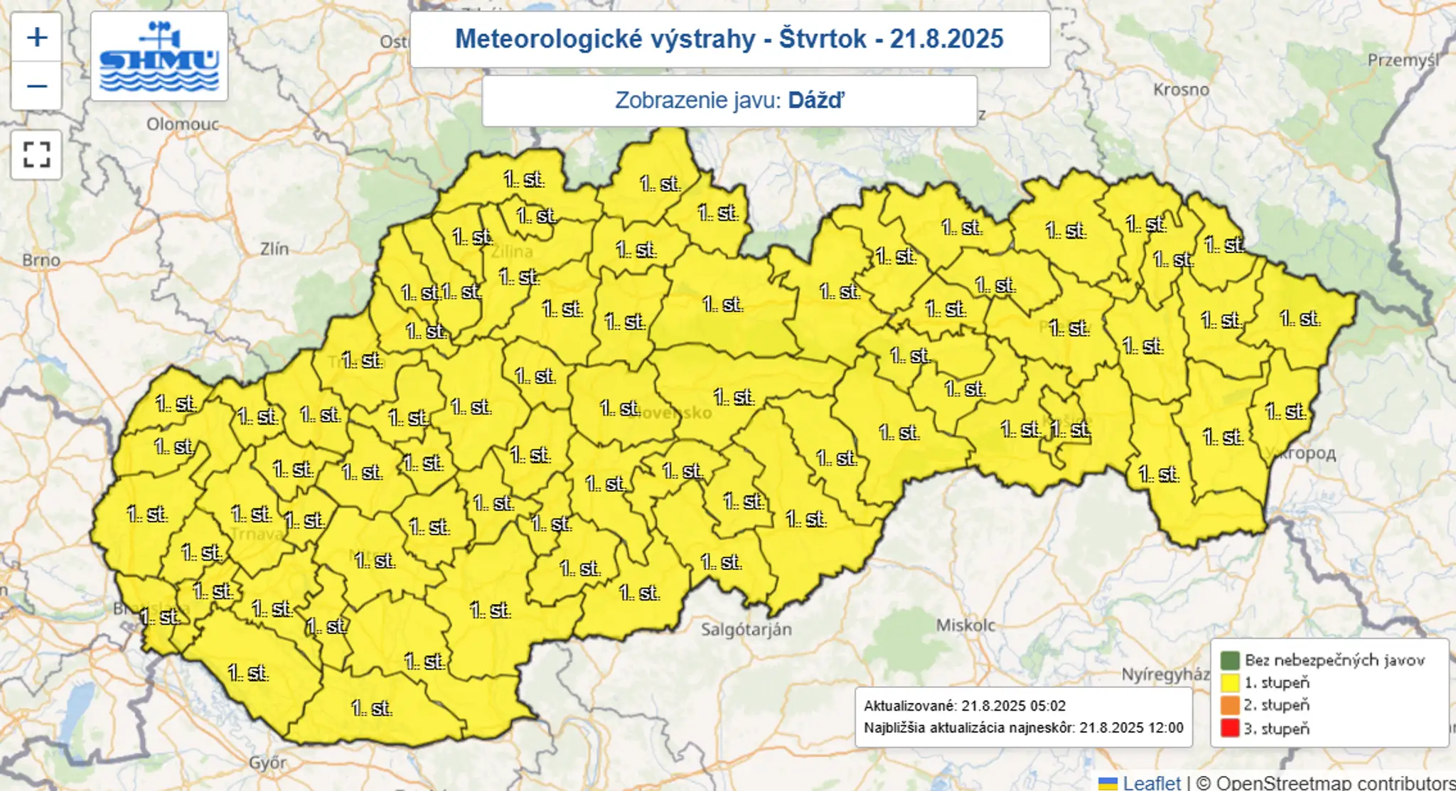 Na snímke mapa výstrah pred dažďom.