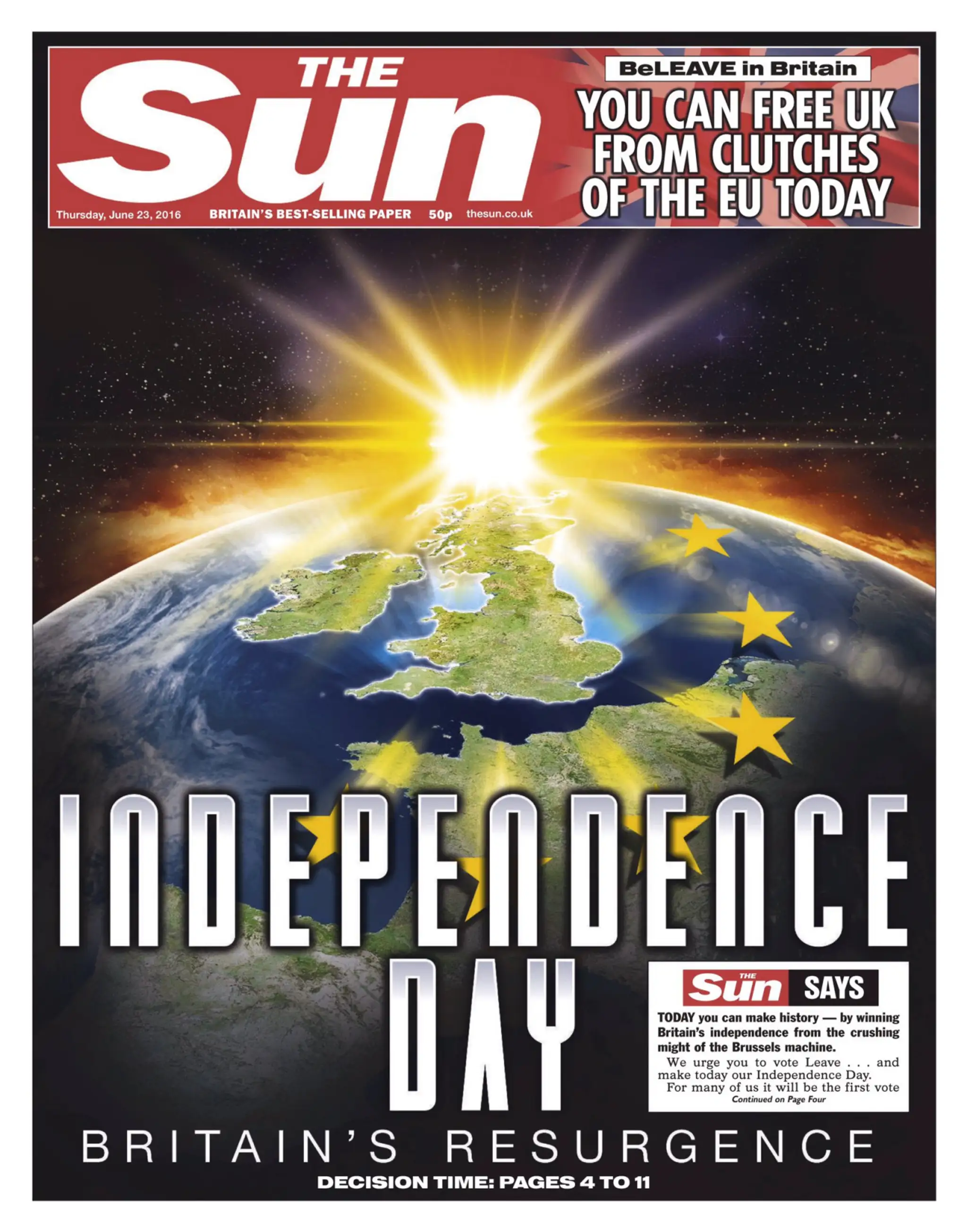 Titulná strana denníka the Sun. Deň nezávislosti, britská obnova.jpg