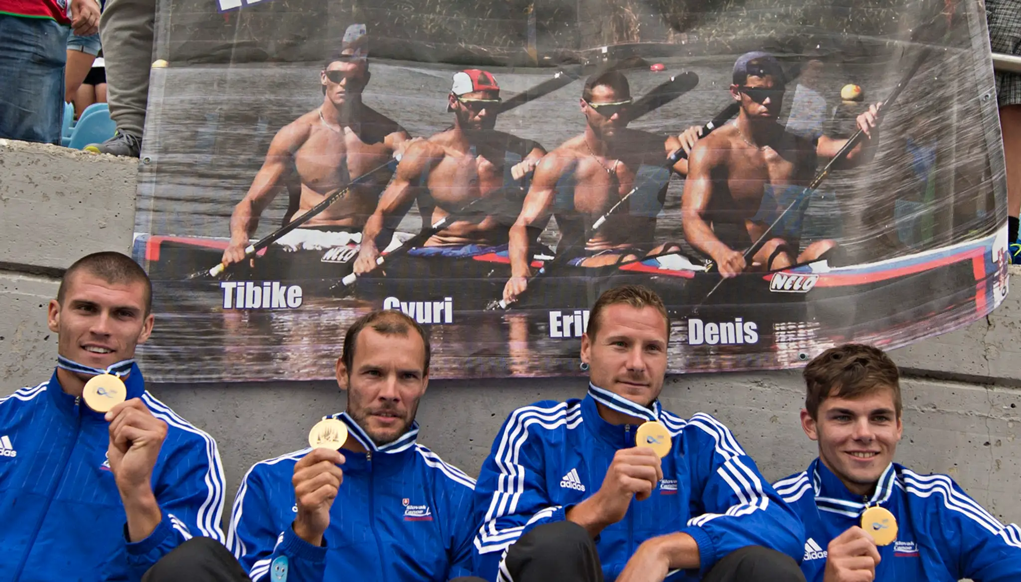 Majstri sveta K4 z milánskych MS - Denis Myšák, Erik Vlček, Juraj Tarr, Tibor Linka. 23. augusta