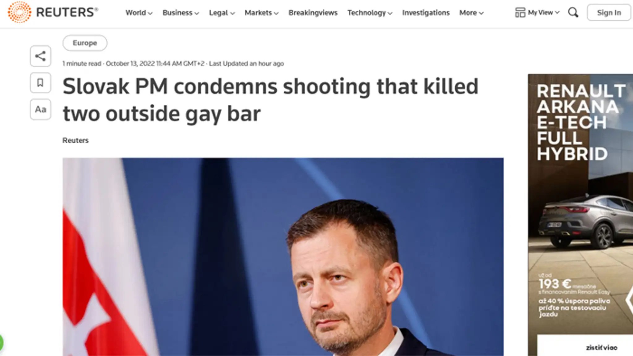Agentúra Reuters informuje o vražde na Slovensku.