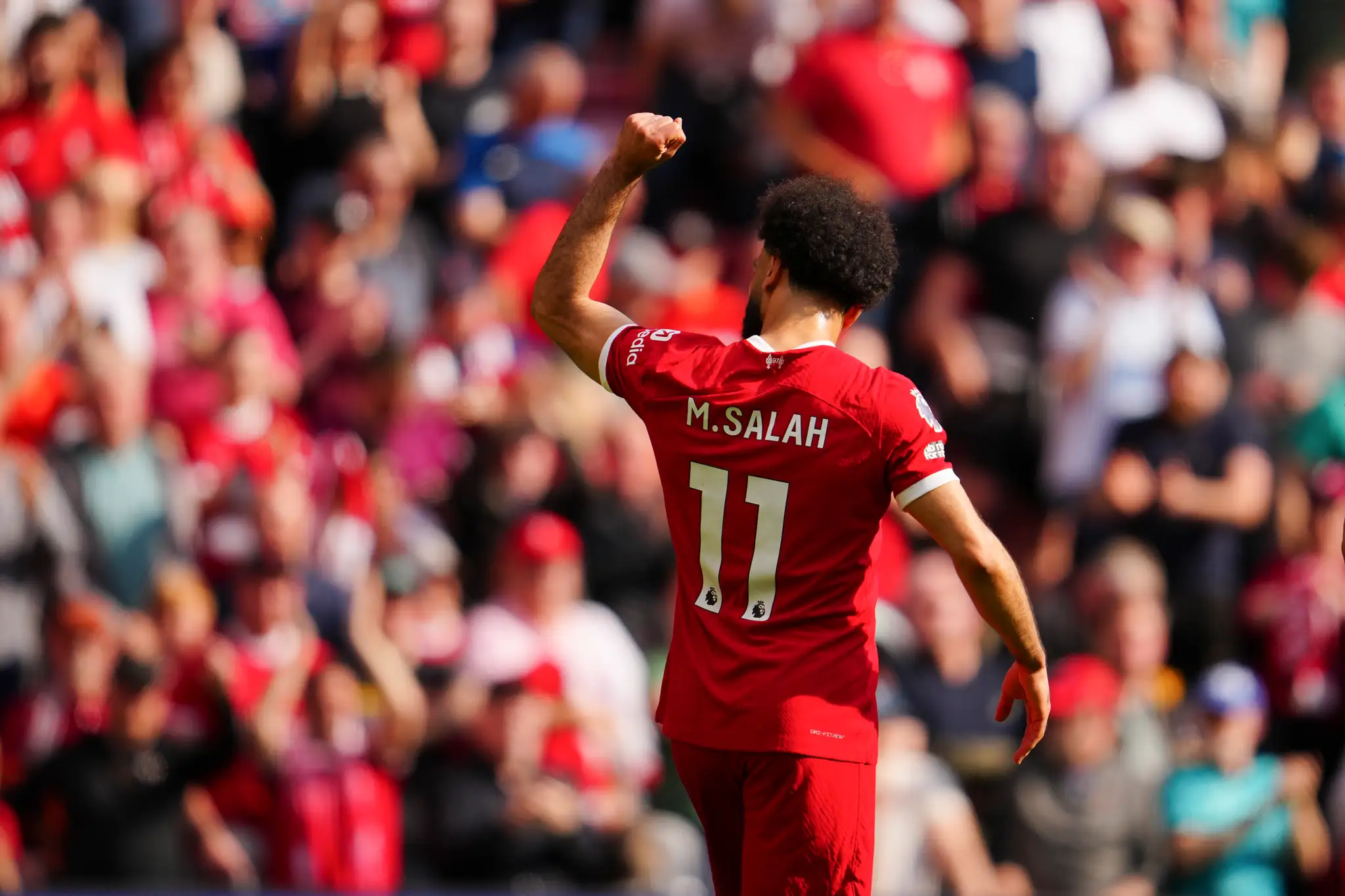 Futbalista Liverpoolu Mohamed Salah sa teší po strelení gólu.