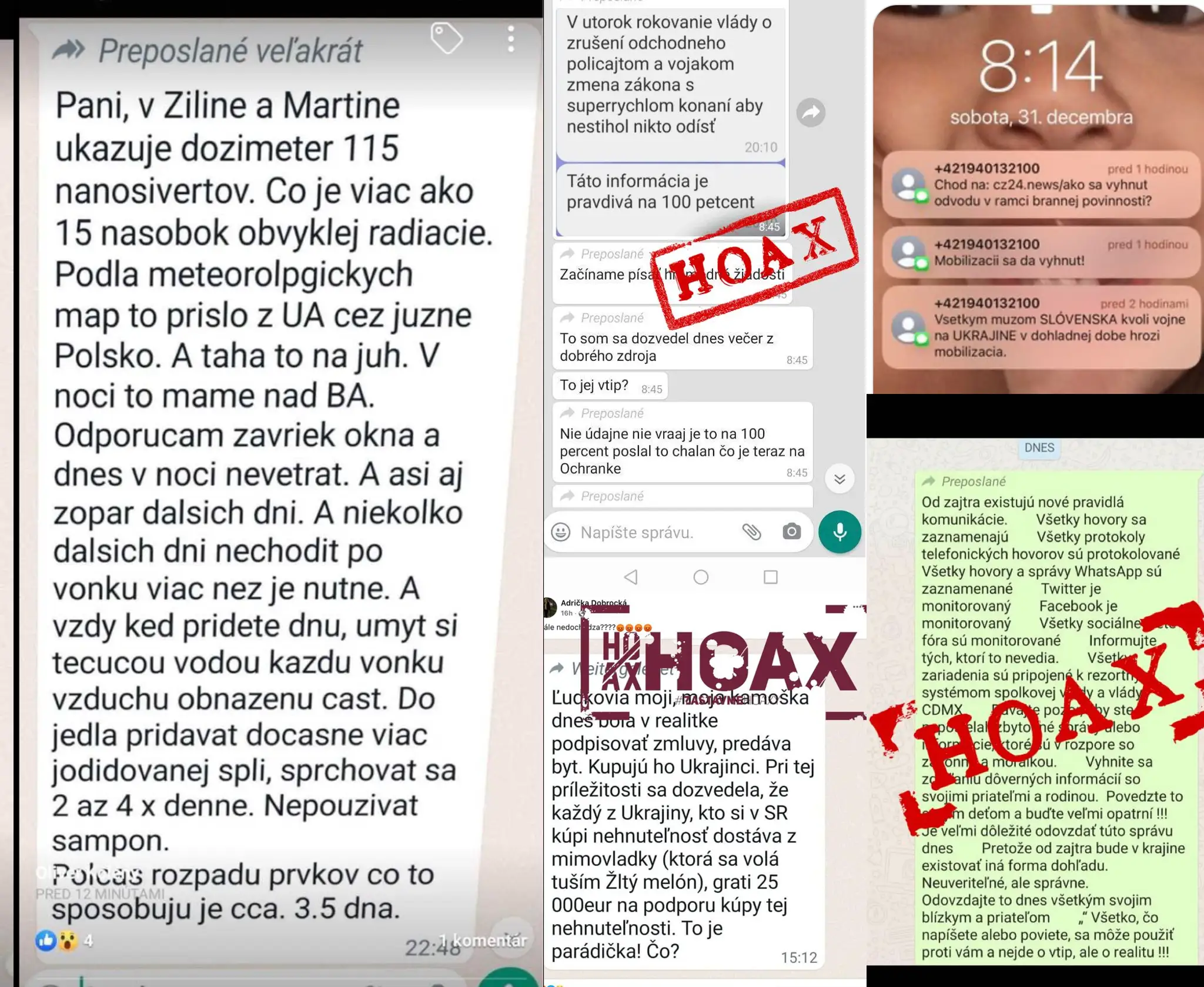 Konkrétne príklady šírenia hoaxu o radiácii.