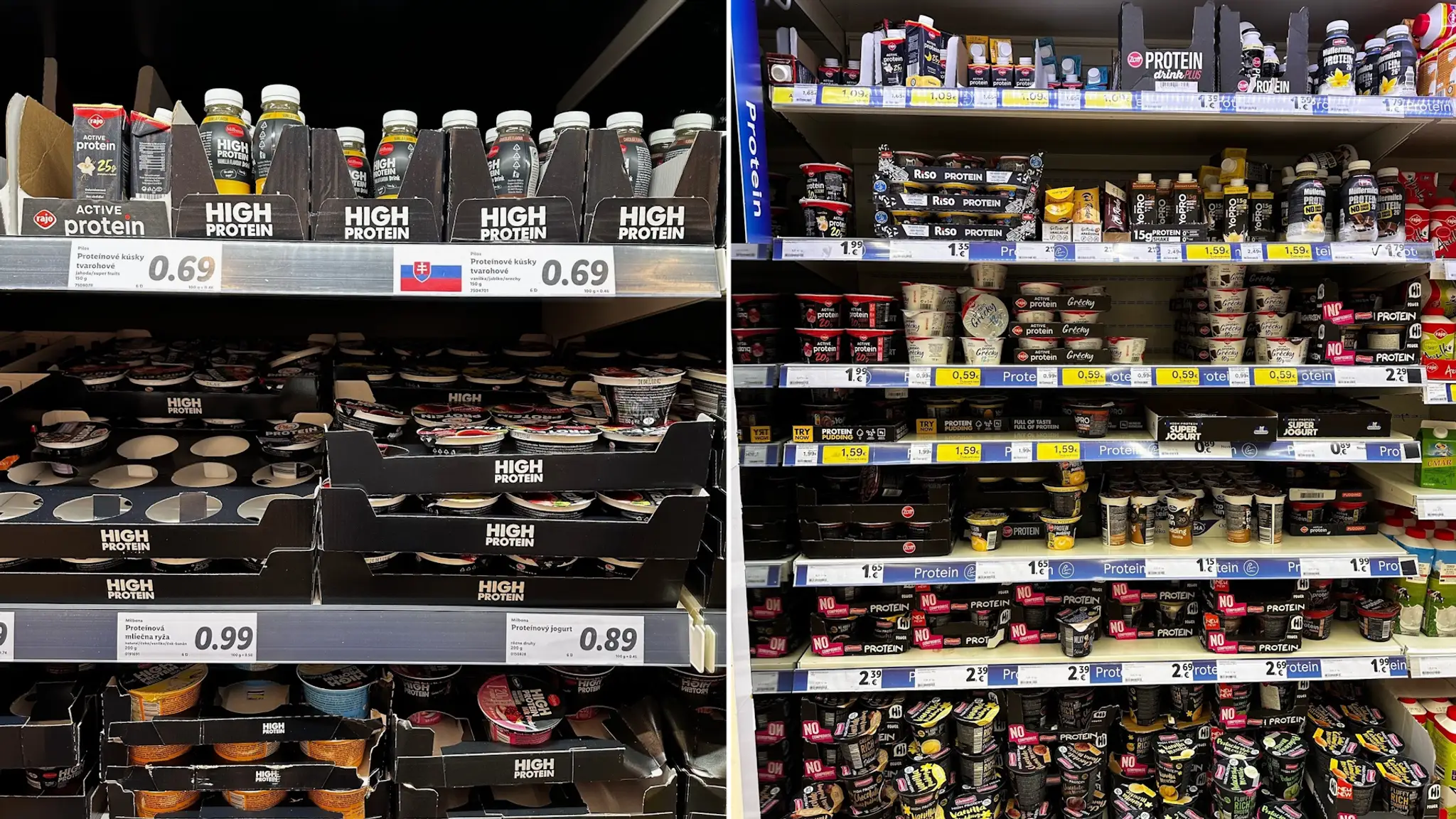 Regály s proteínovými produktami.