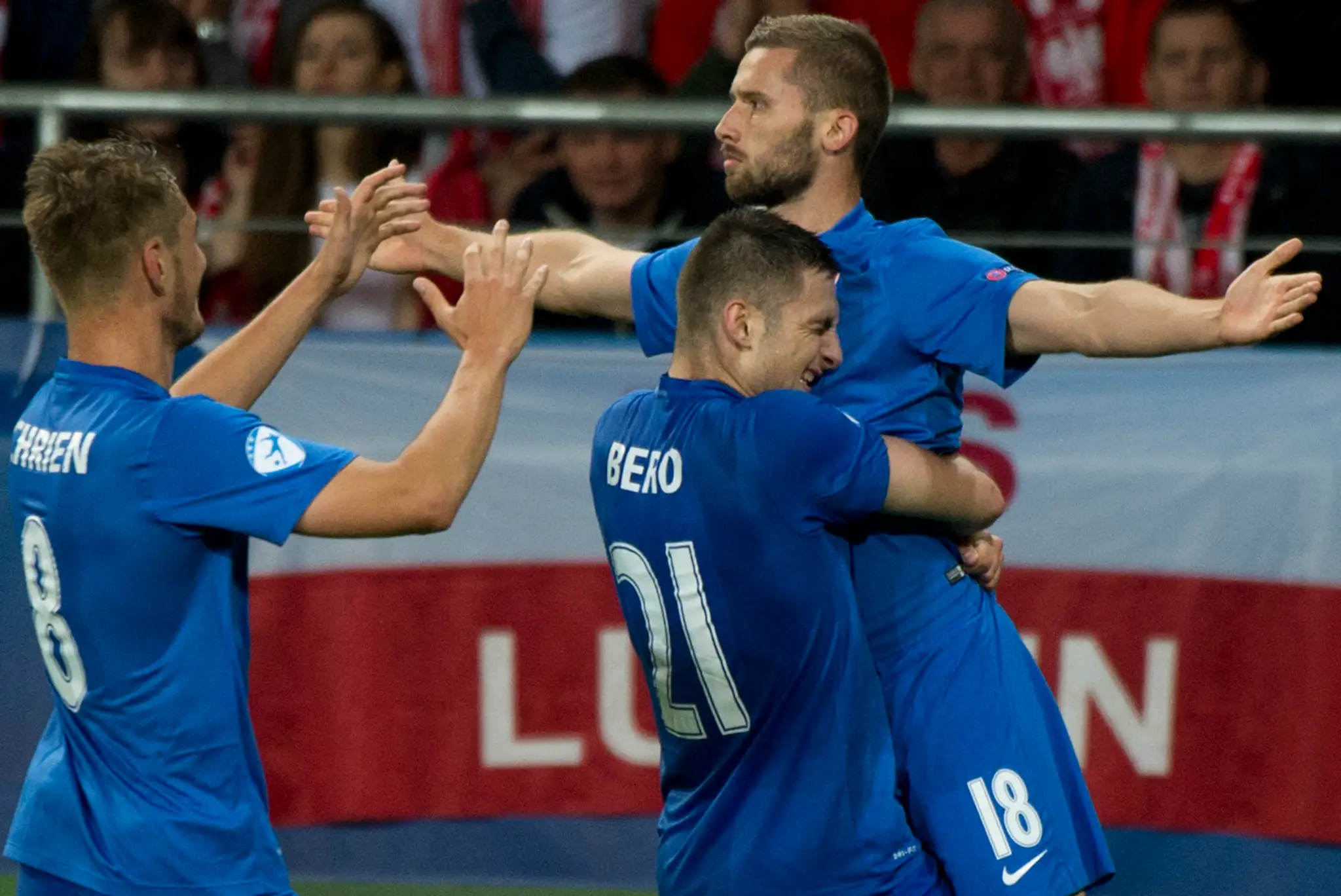 Na snímke gólová radosť, sprava strelec gólu na 2:1 Pavol Šafranko, Matúš Bero a Martin Chrien.