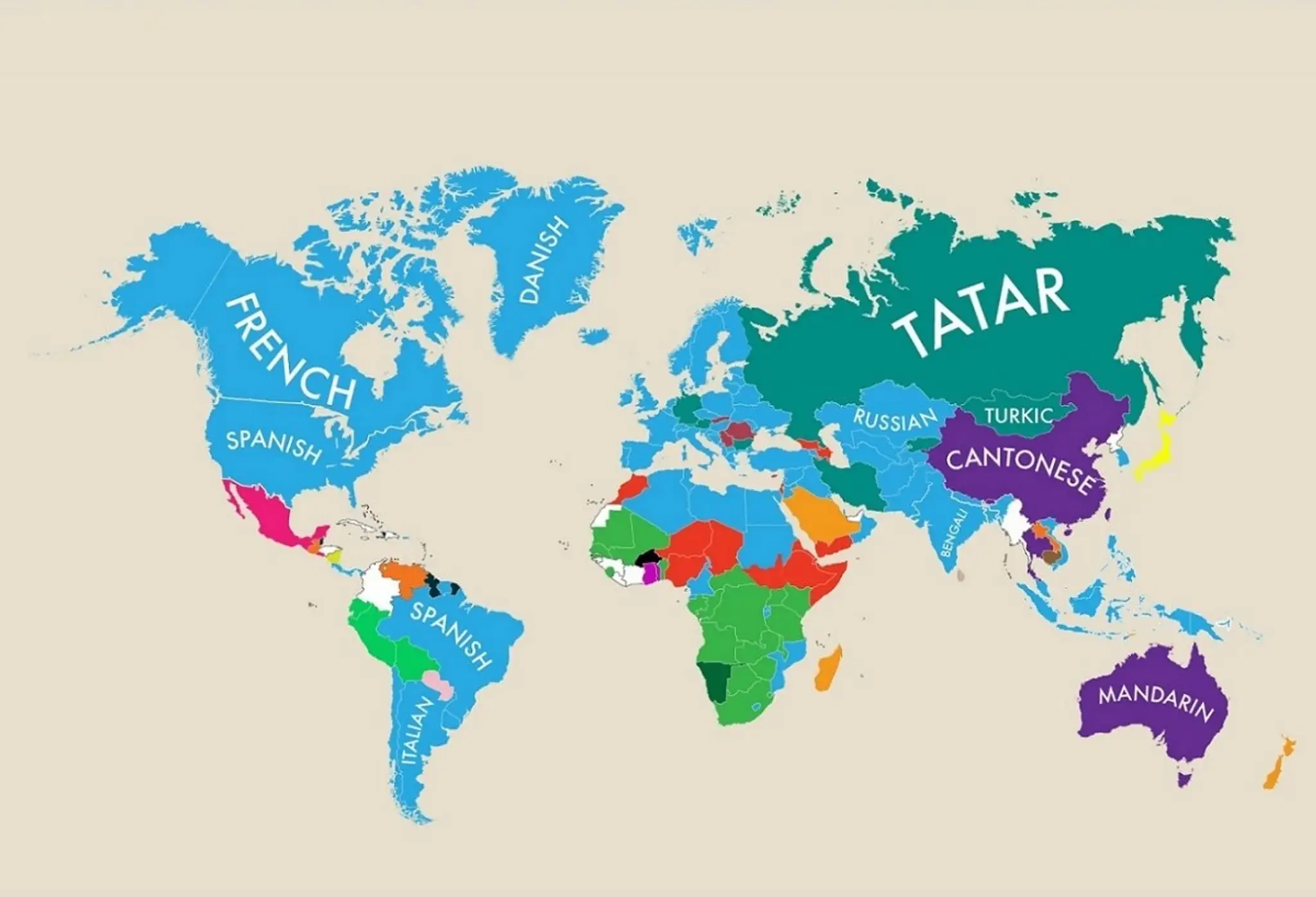 Mapa sveta podľa druhého najpoužívanejšieho jazyka