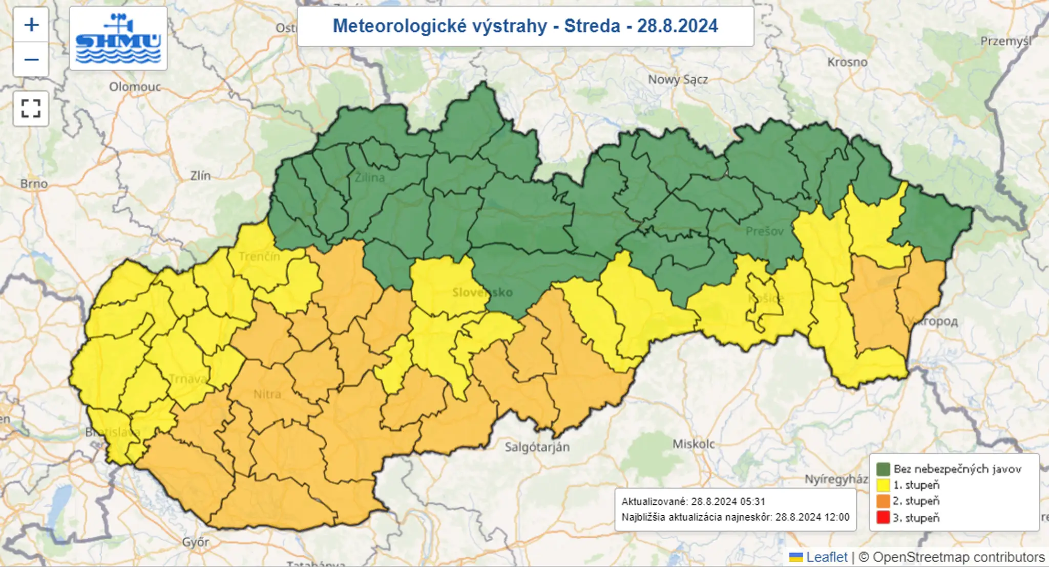 Mapa výstrah pred vysokými teplotami.