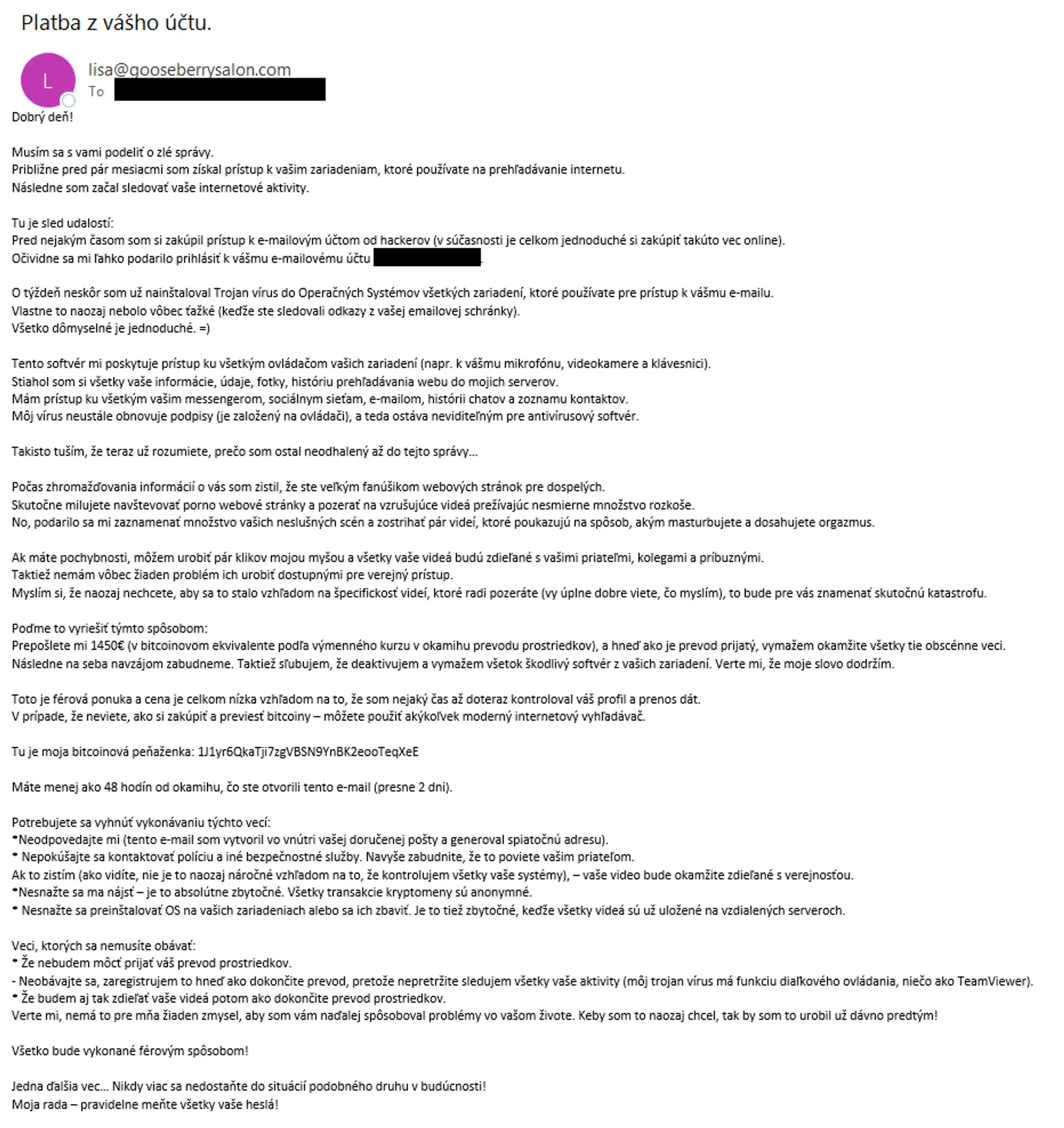 Podvodný email - Sextortion.