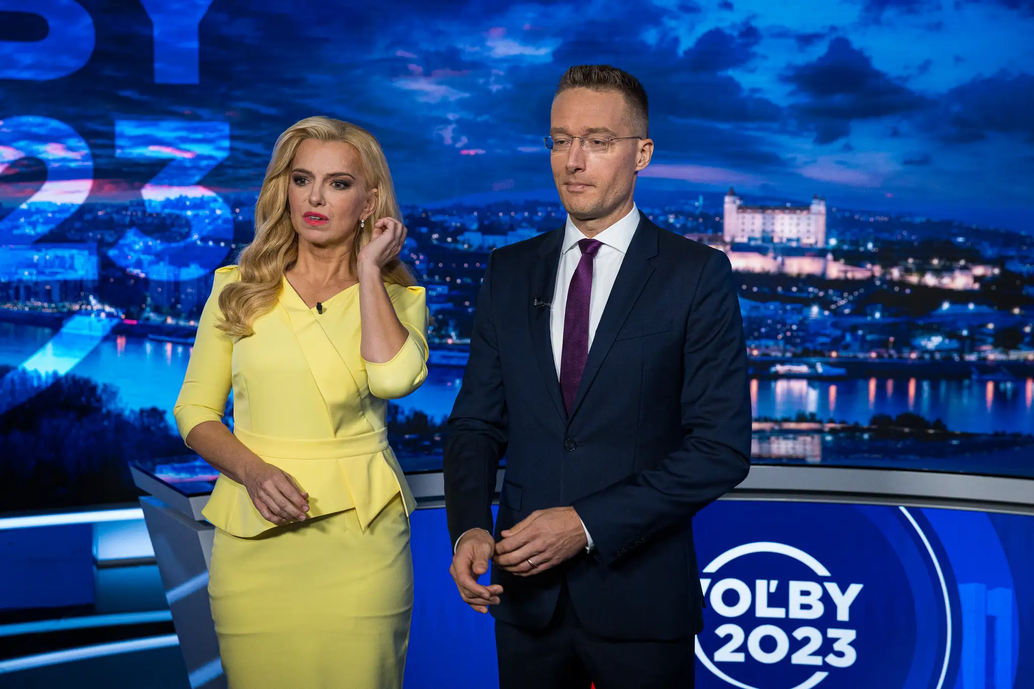 Moderátori Volebnej noci 2023 - Zlatica Švajdová Puškárová, Michal Kovačič,