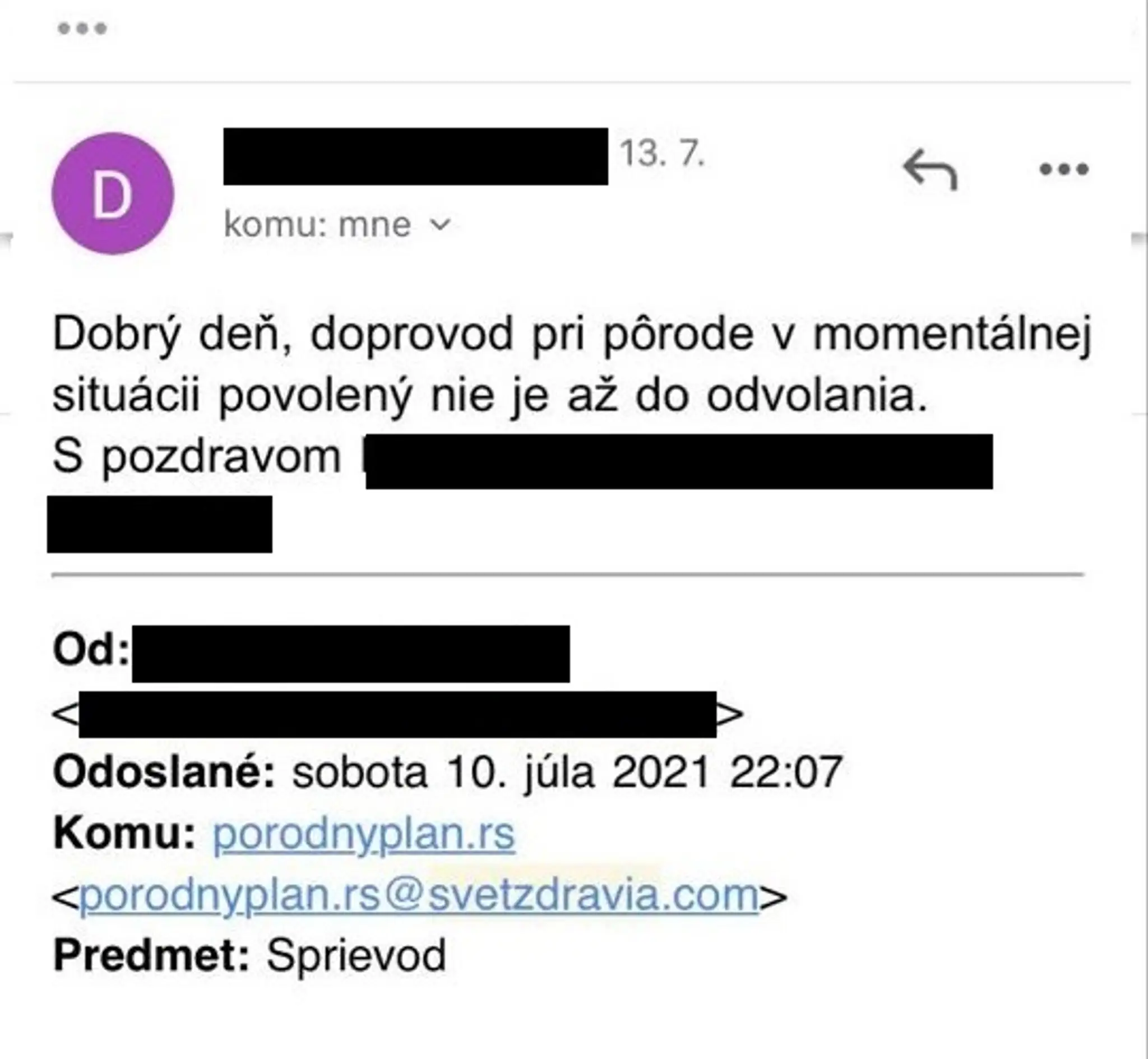 Email, ktorý Silvia dostala od zamestnanca nemocnice.