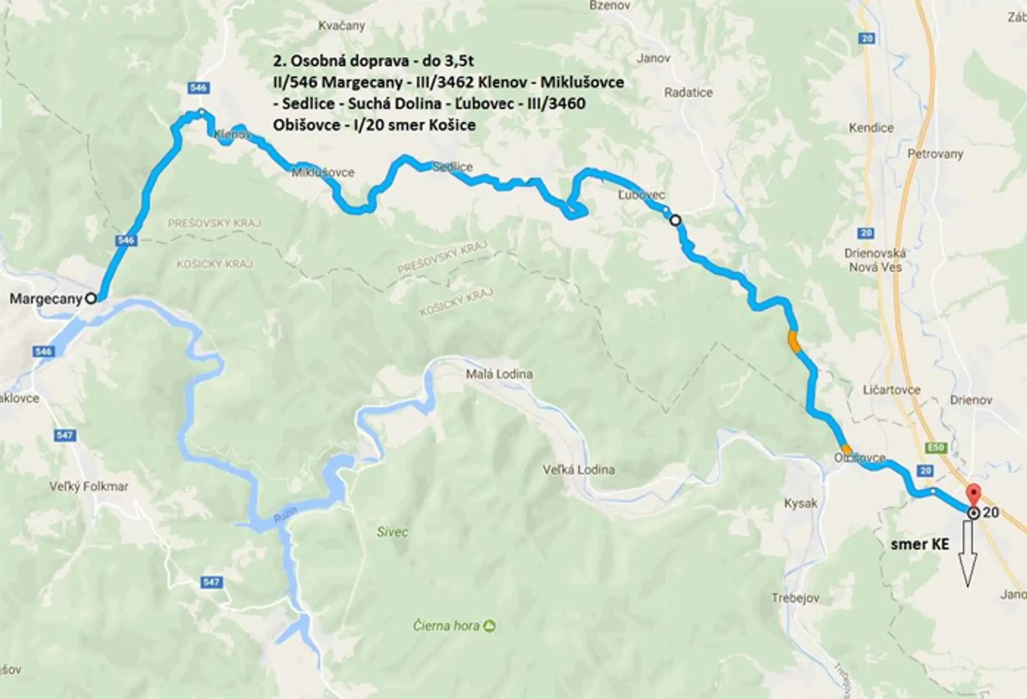 Obchádzková trasa počas zatvorenia mostu cez Ružín pre osobnú dopravu.