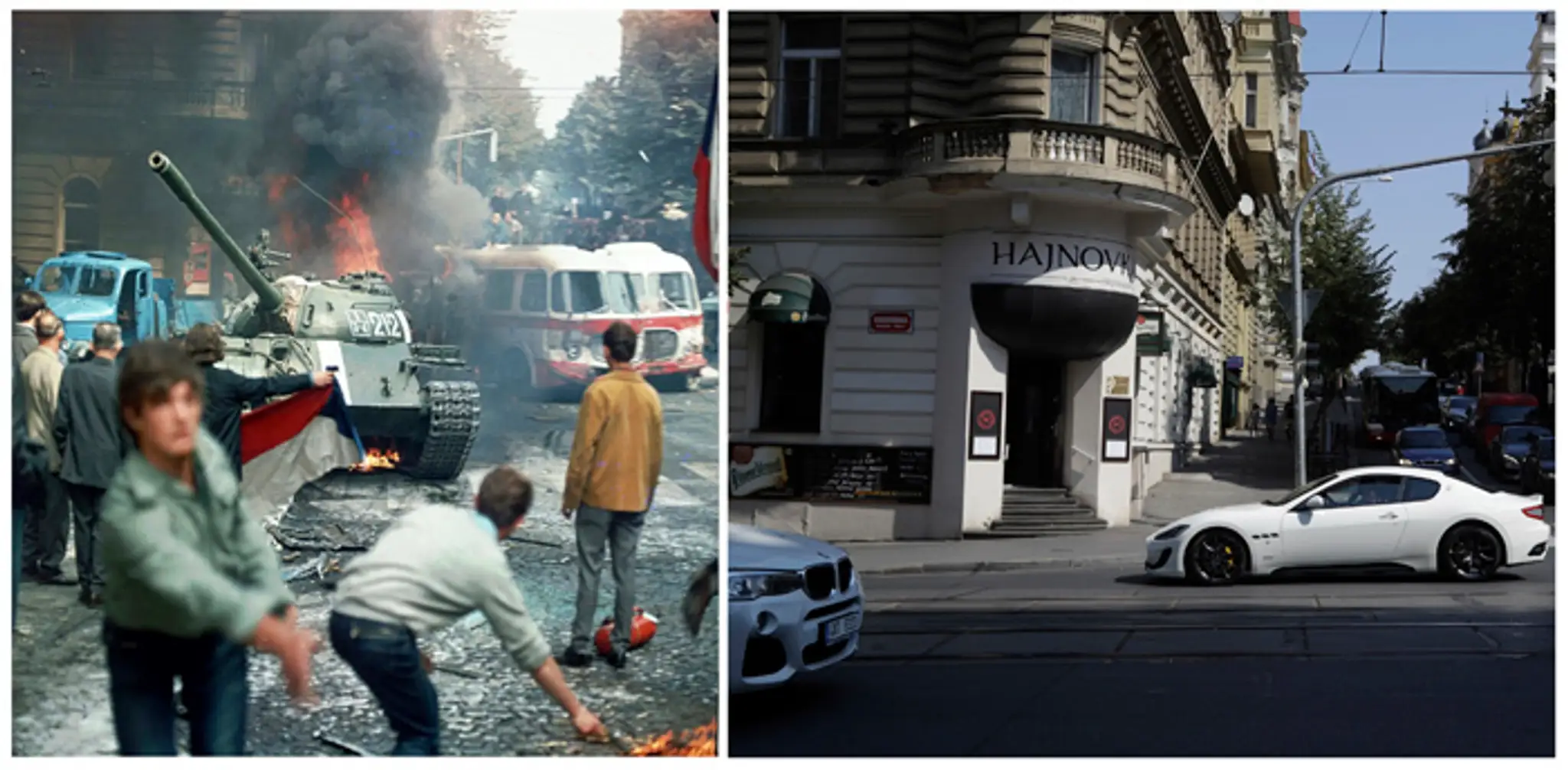 Ľudia hádžu 21. augusta 1968 v Prahe na ruský tank zápalné fľaše a snažia sa ho zastaviť.