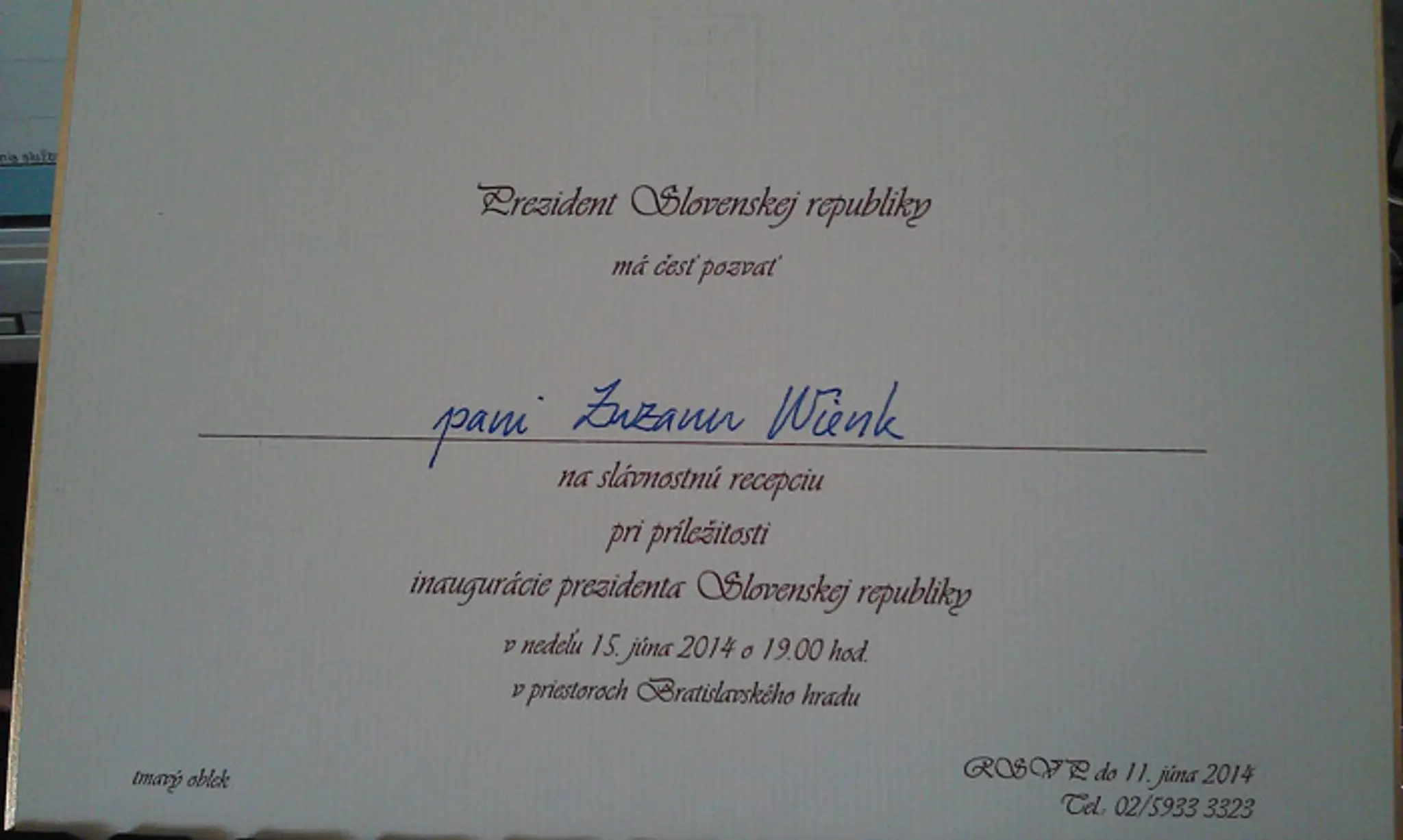 Pozvánka na slávnostnú recepciu po inaugurácii prezidenta Andreja Kisku.