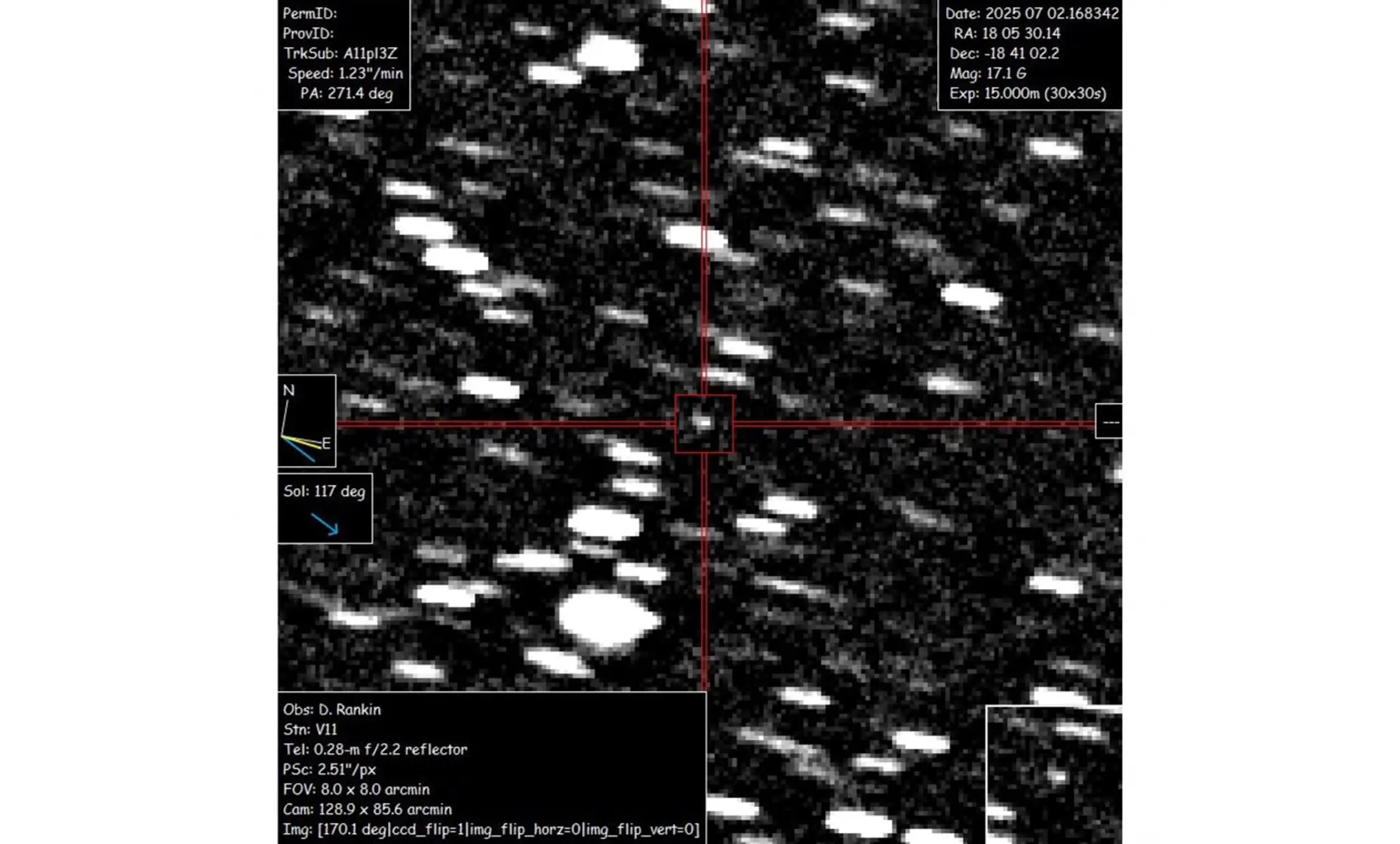 Na snímke, ktorá vznikla v Saguaro Observatory, je medzihviezdny objekt A11pI3Z zachytený 2. júna 2025