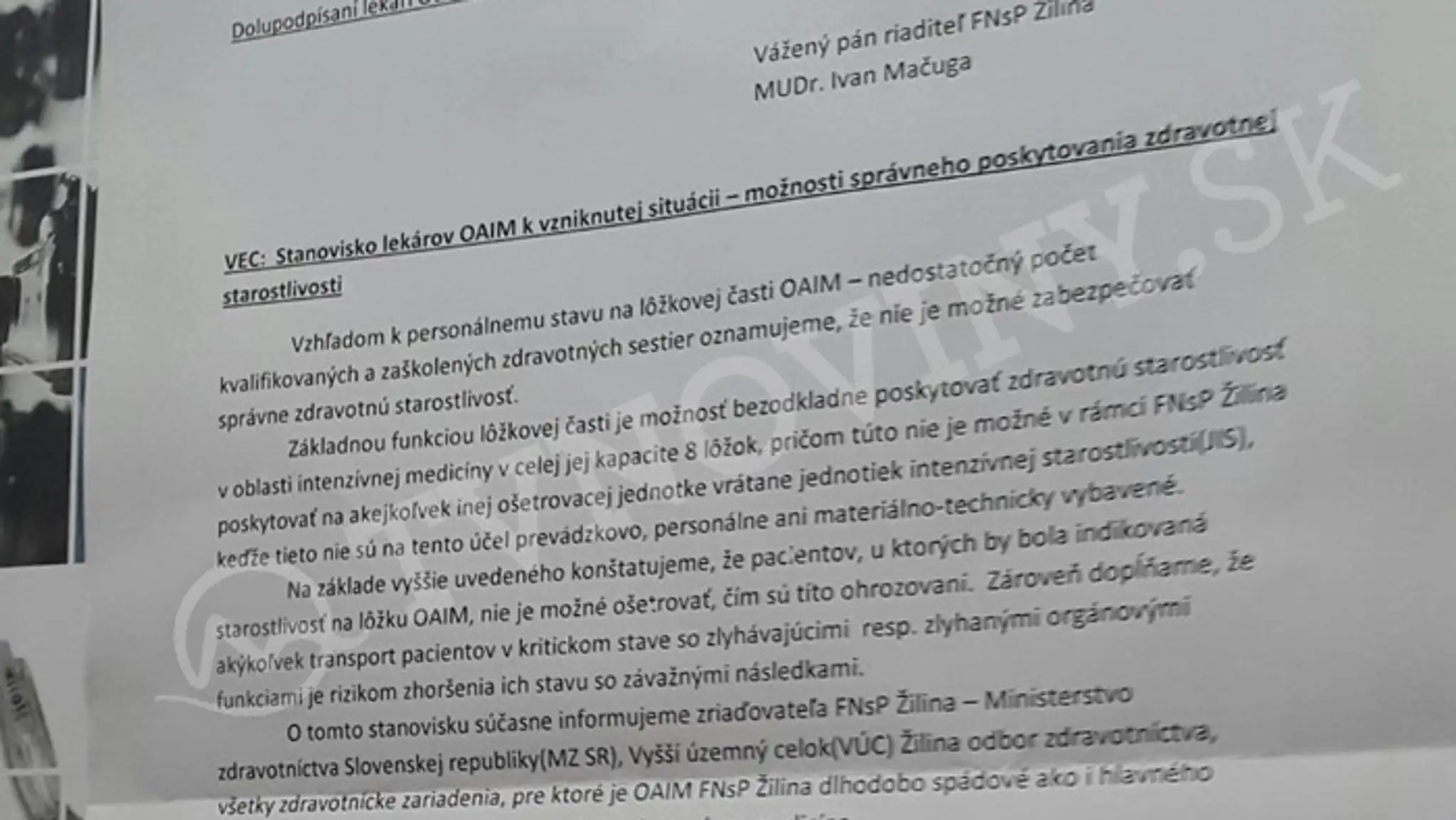 List lekárov riaditeľovi žilinskej nemocnice. (titulné foto)