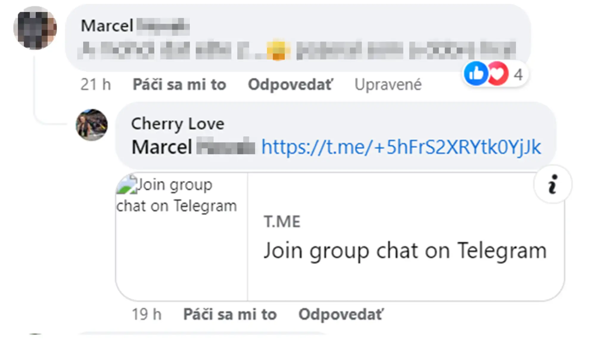 Komentár odkazujúci na sociálnu sieť Telegram.