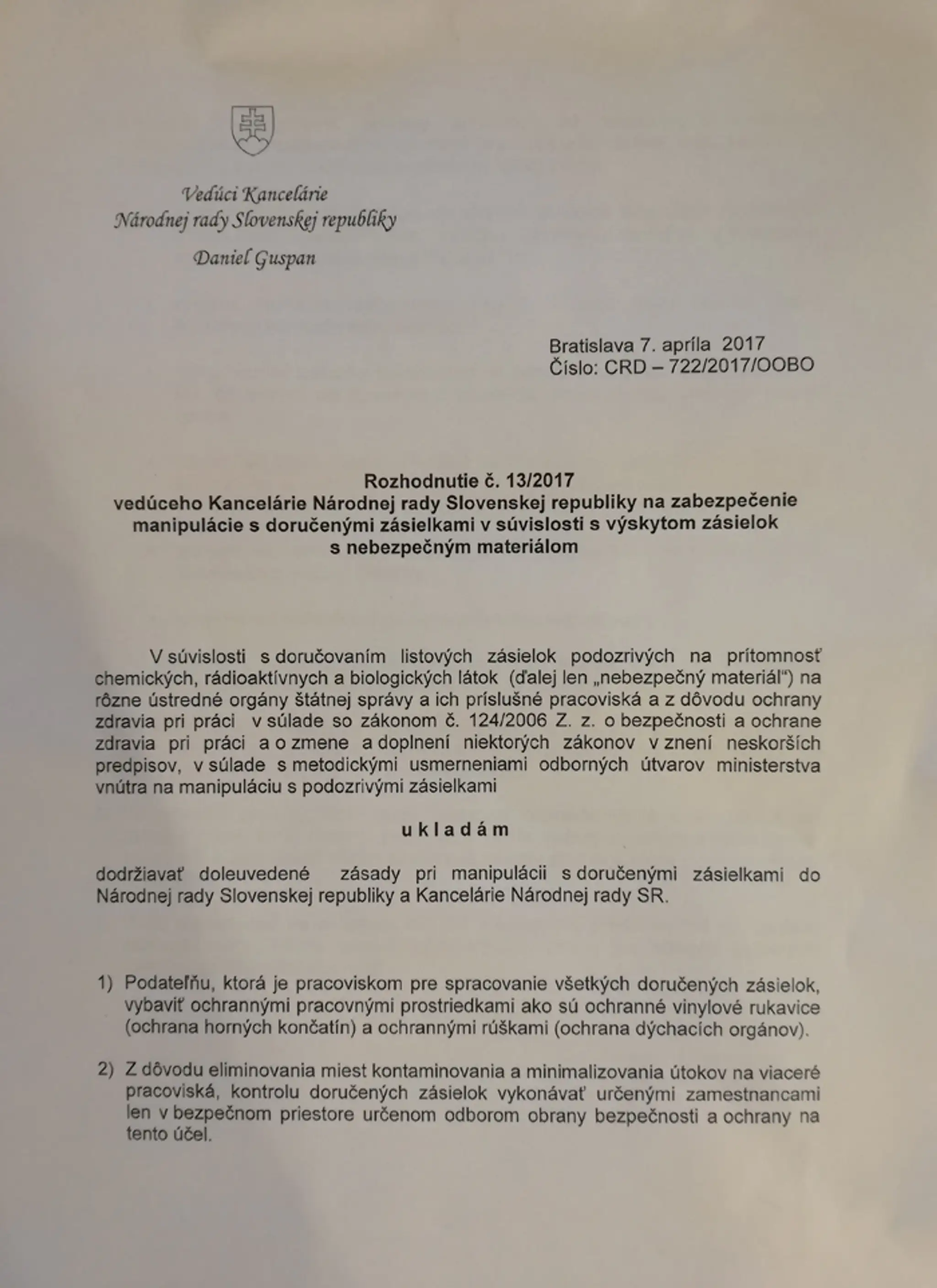 Rozhodnutie vedúceho Kancelárie NR SR o listoch.
