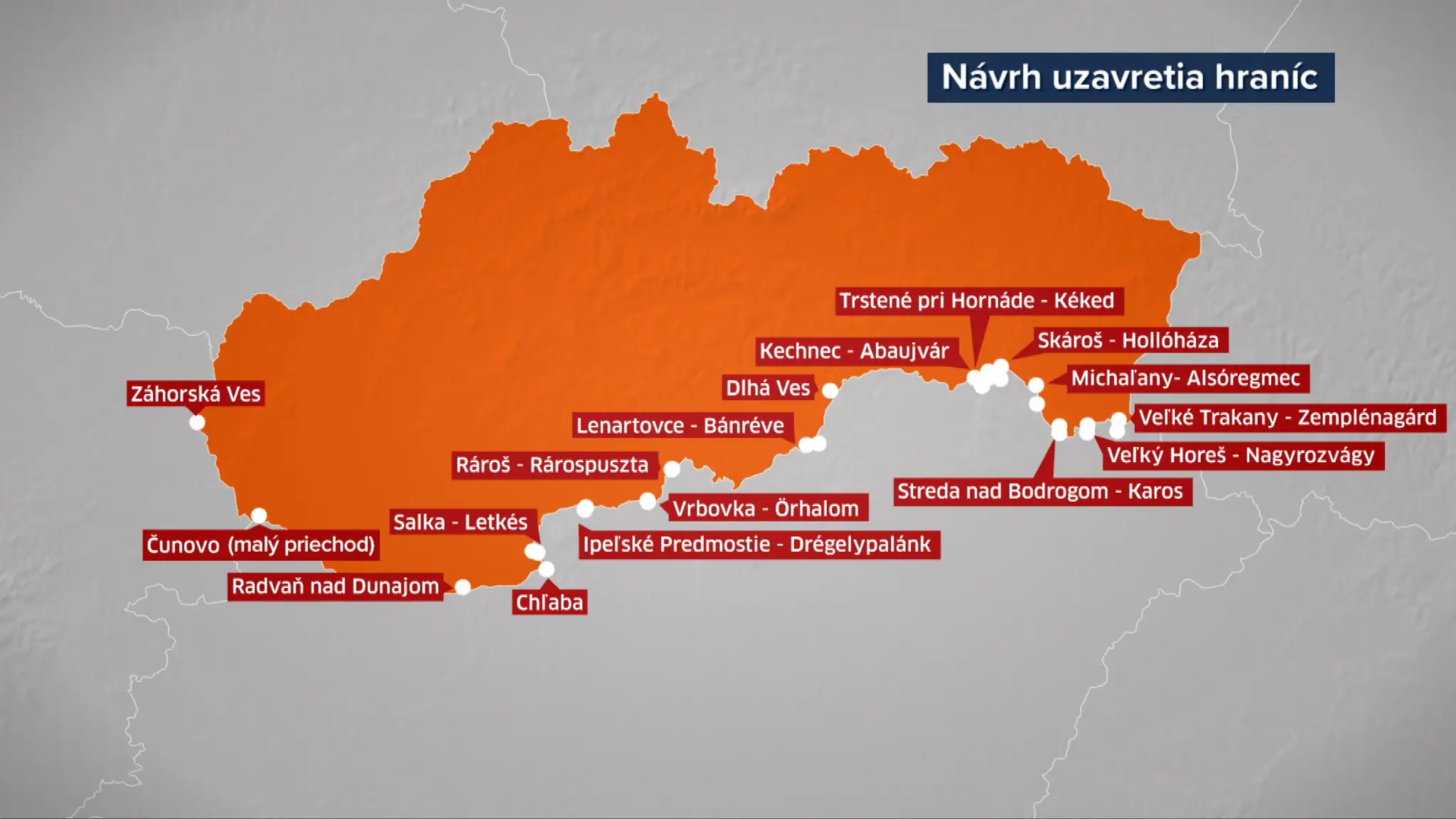 Mapa hraničných priechodov, ktoré by sa mohli uzavrieť.