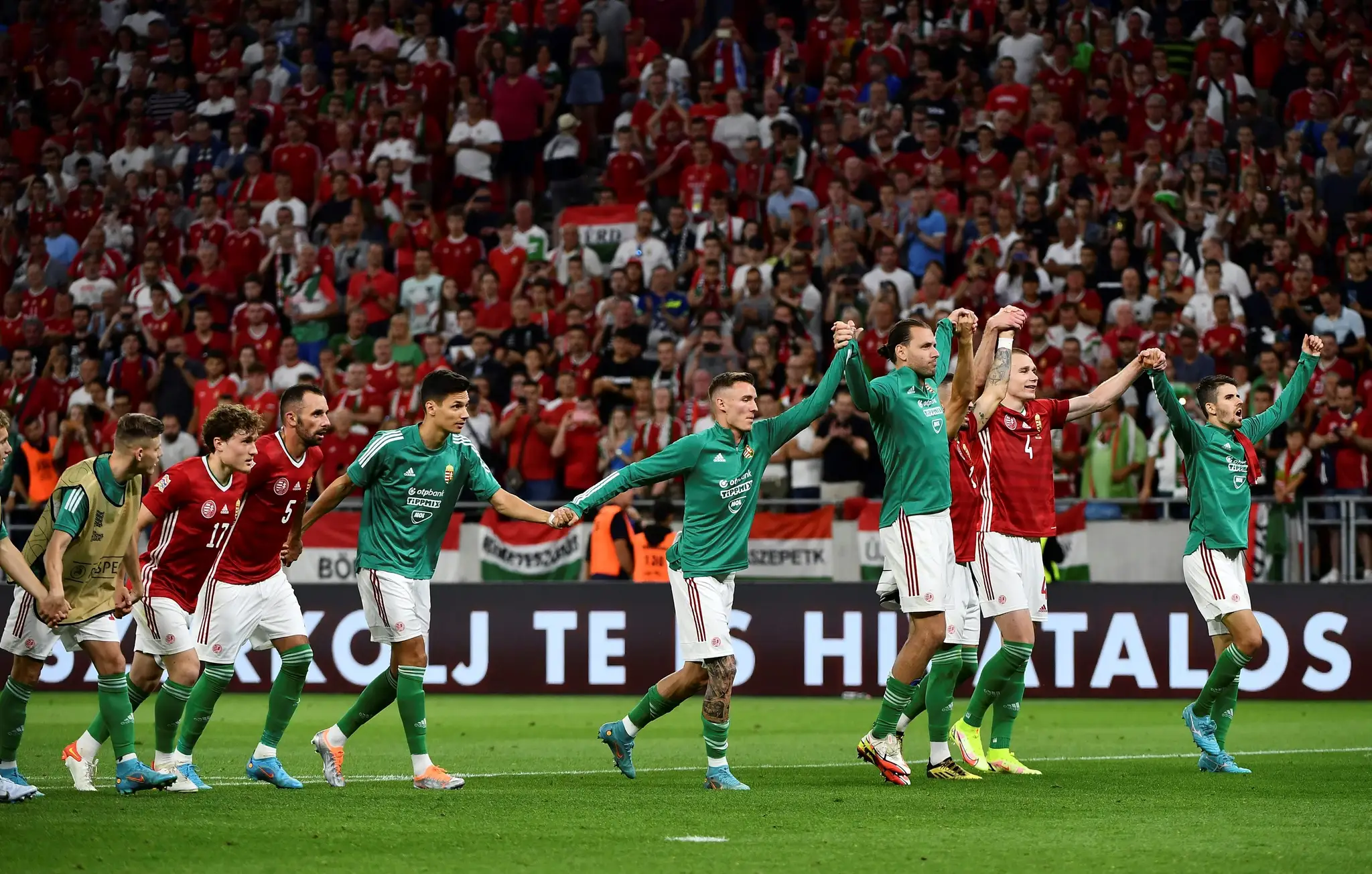 Maďarskí futbalisti ďakujú po zápase fanúšikom.