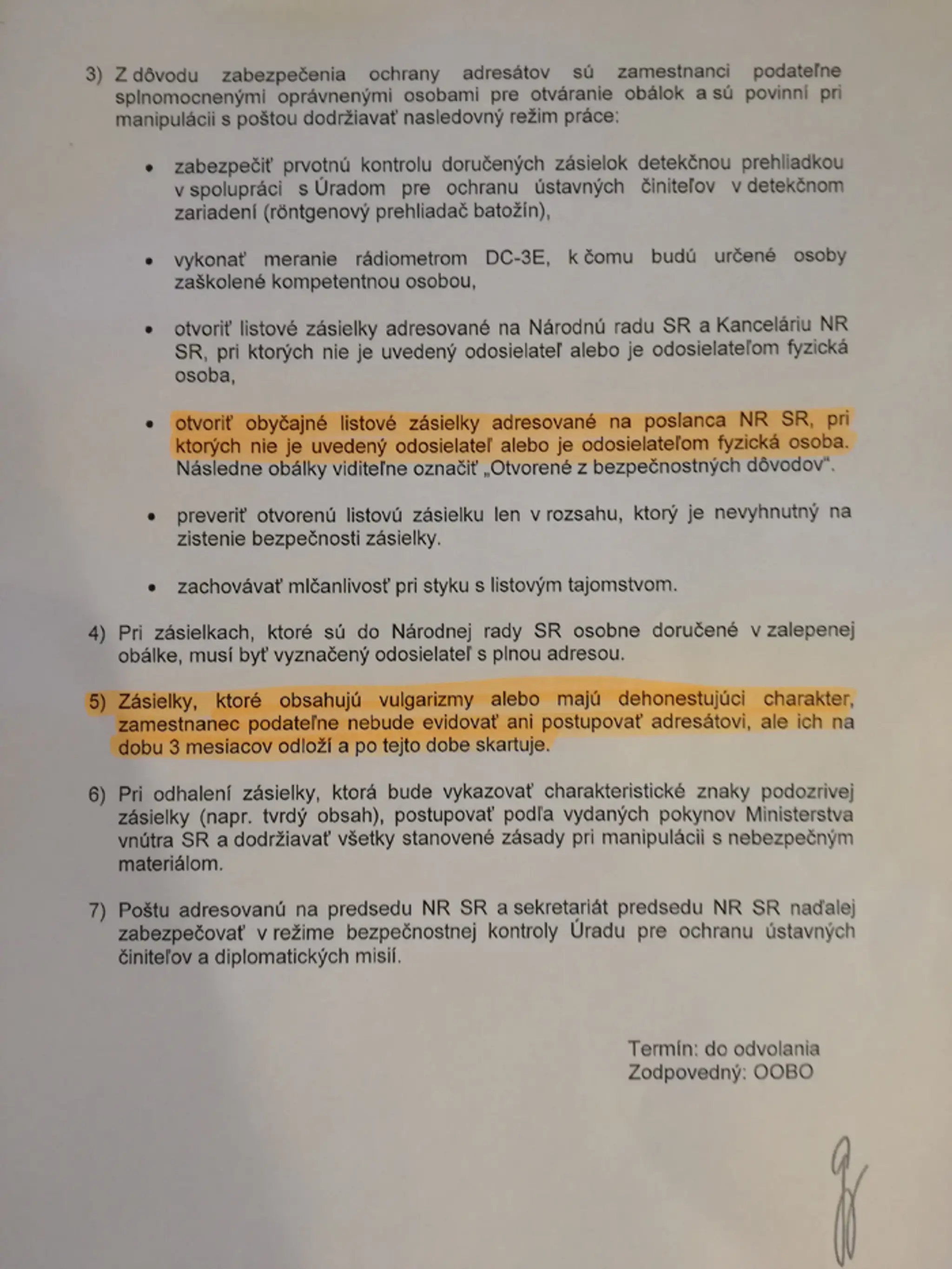 Rozhodnutie vedúceho Kancelárie NR SR o listoch.