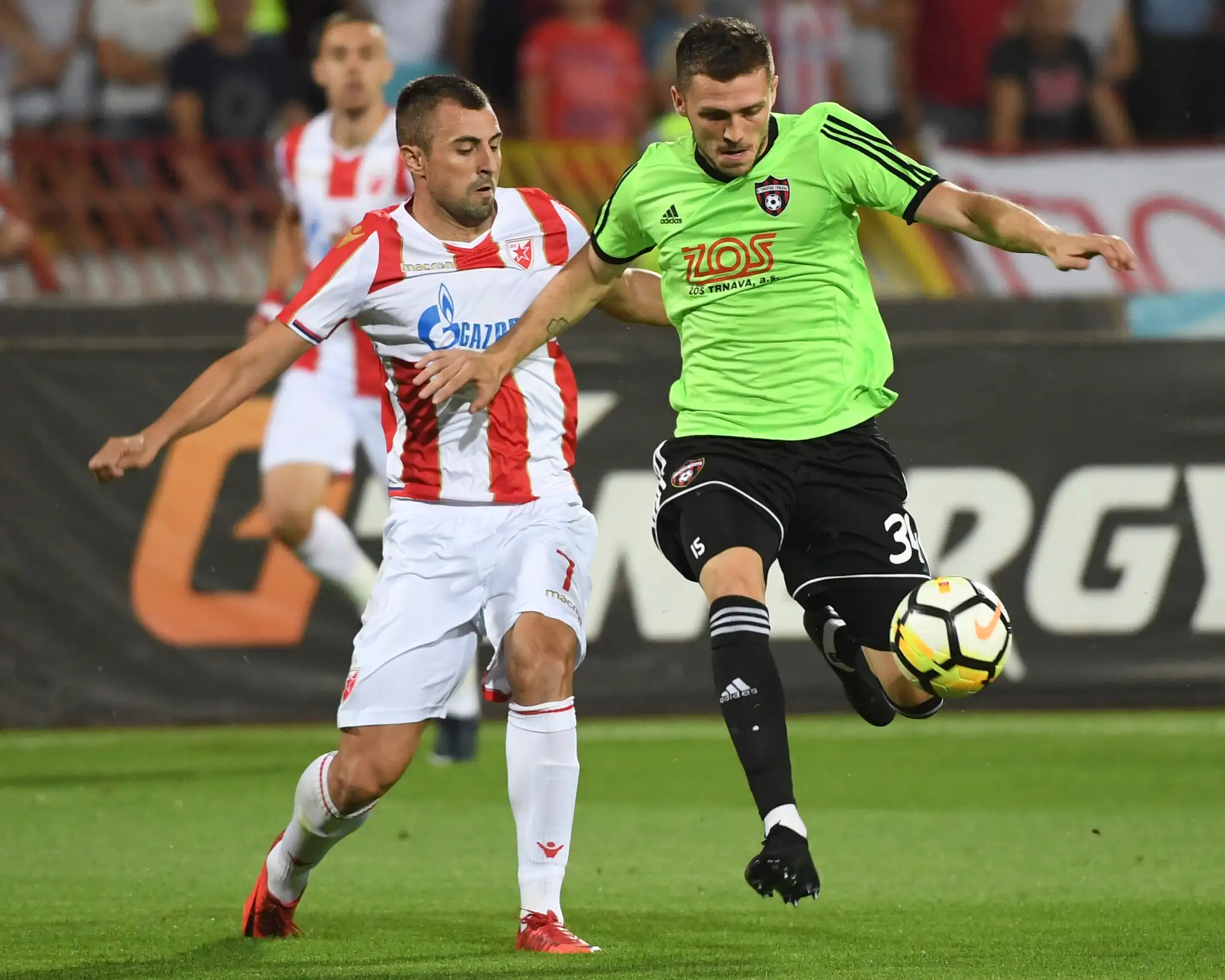 Trnavčan Lukáš Greššák (vpravo) a Nenad Krstičič z Crvenej zvezdy v dueli 3. predkola LM.