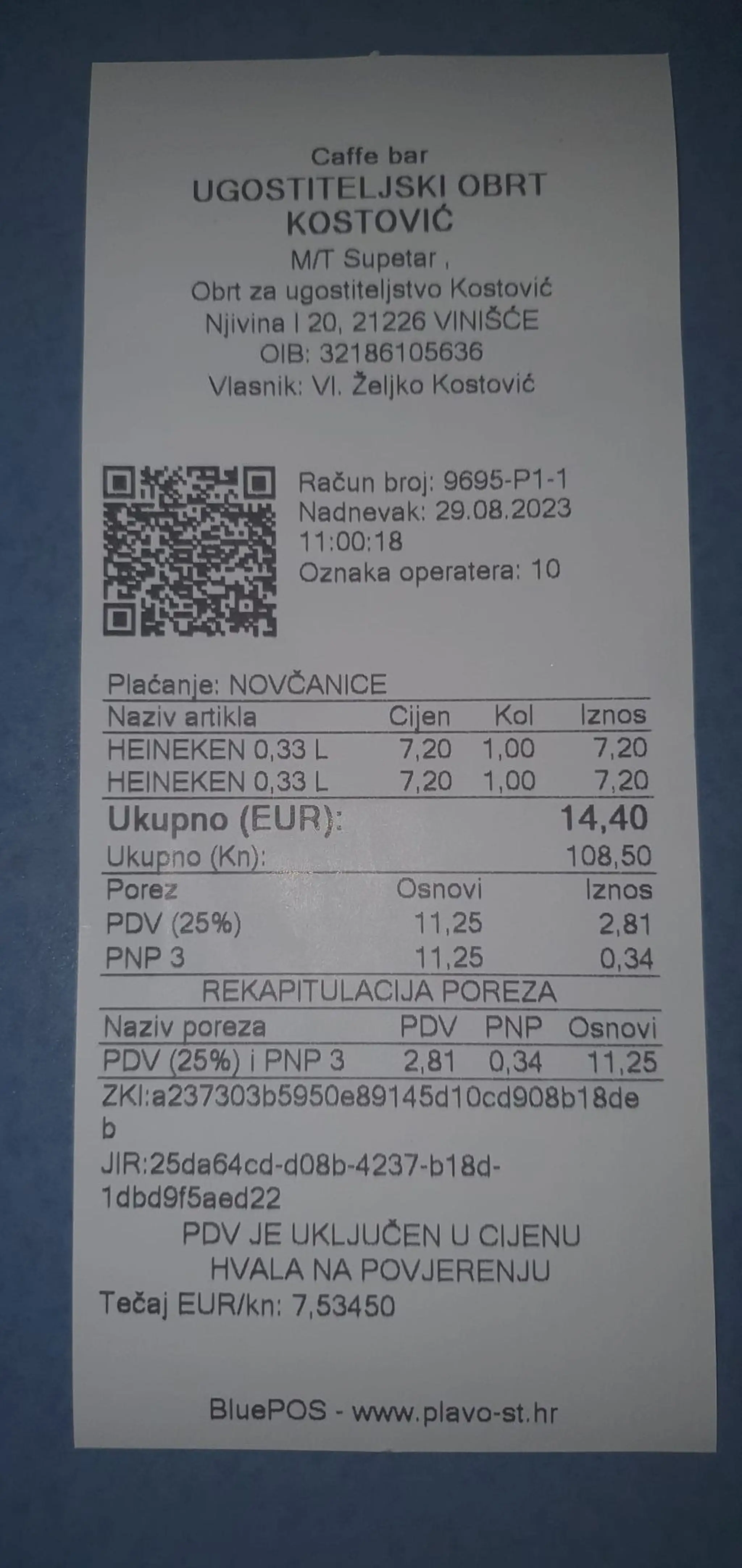 Účet za dve malé pivá.