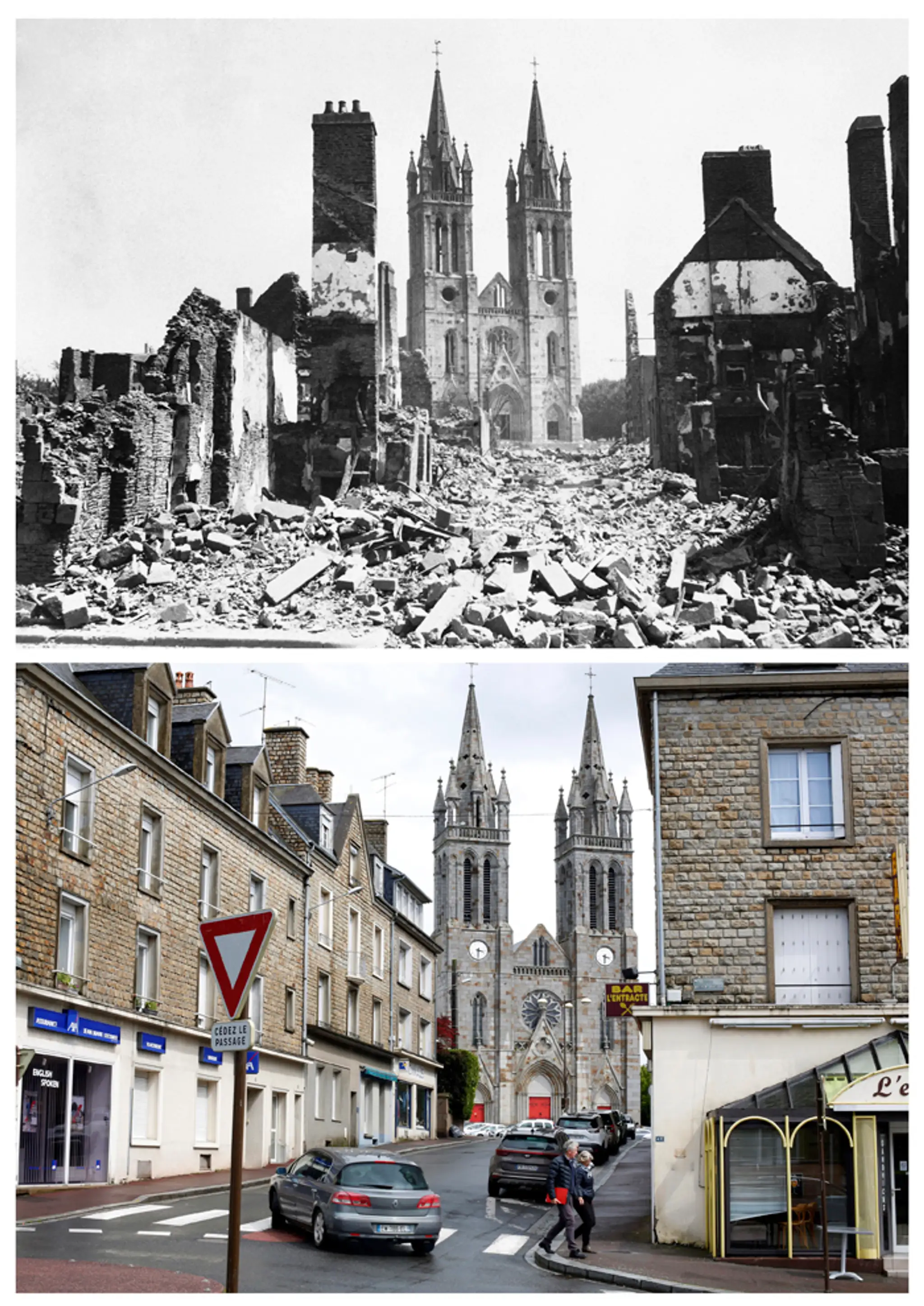 Major Aowie pred ruinami kostola St. Croix v meste Saint-Lô (23. júla 1944) a dnes.