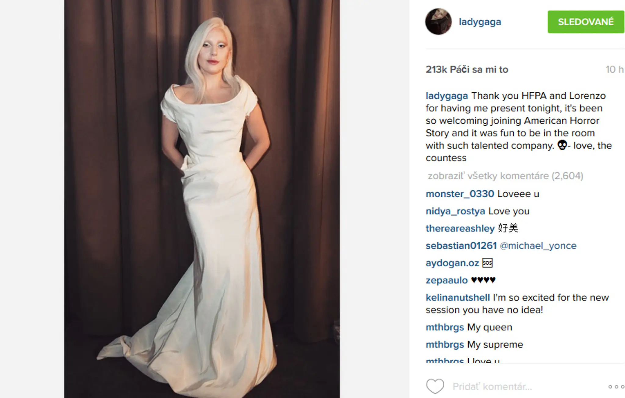 Lady Gaga ako nežná žena v bielych šatách.