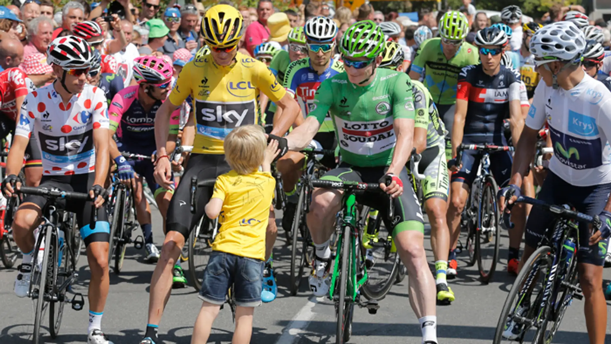 Najlepší jazdci pred 11. etapou TdF – (zľava) Richie Porte, Chris Froome, Andre Greipel a Nairo Quintana pred Petrom Saganom..