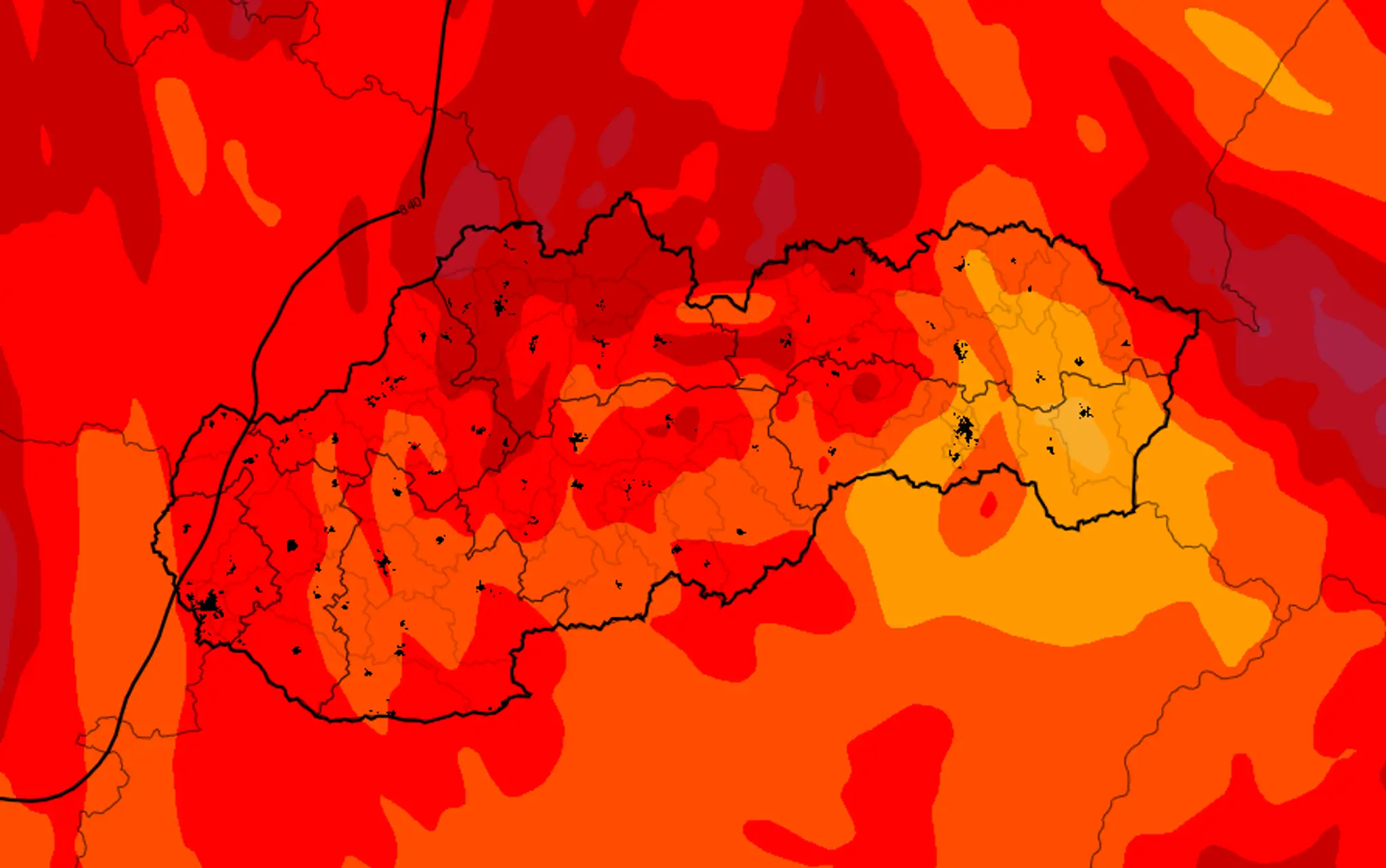 Teplotná mapa Slovenska včera (1.8.) napoludnie 