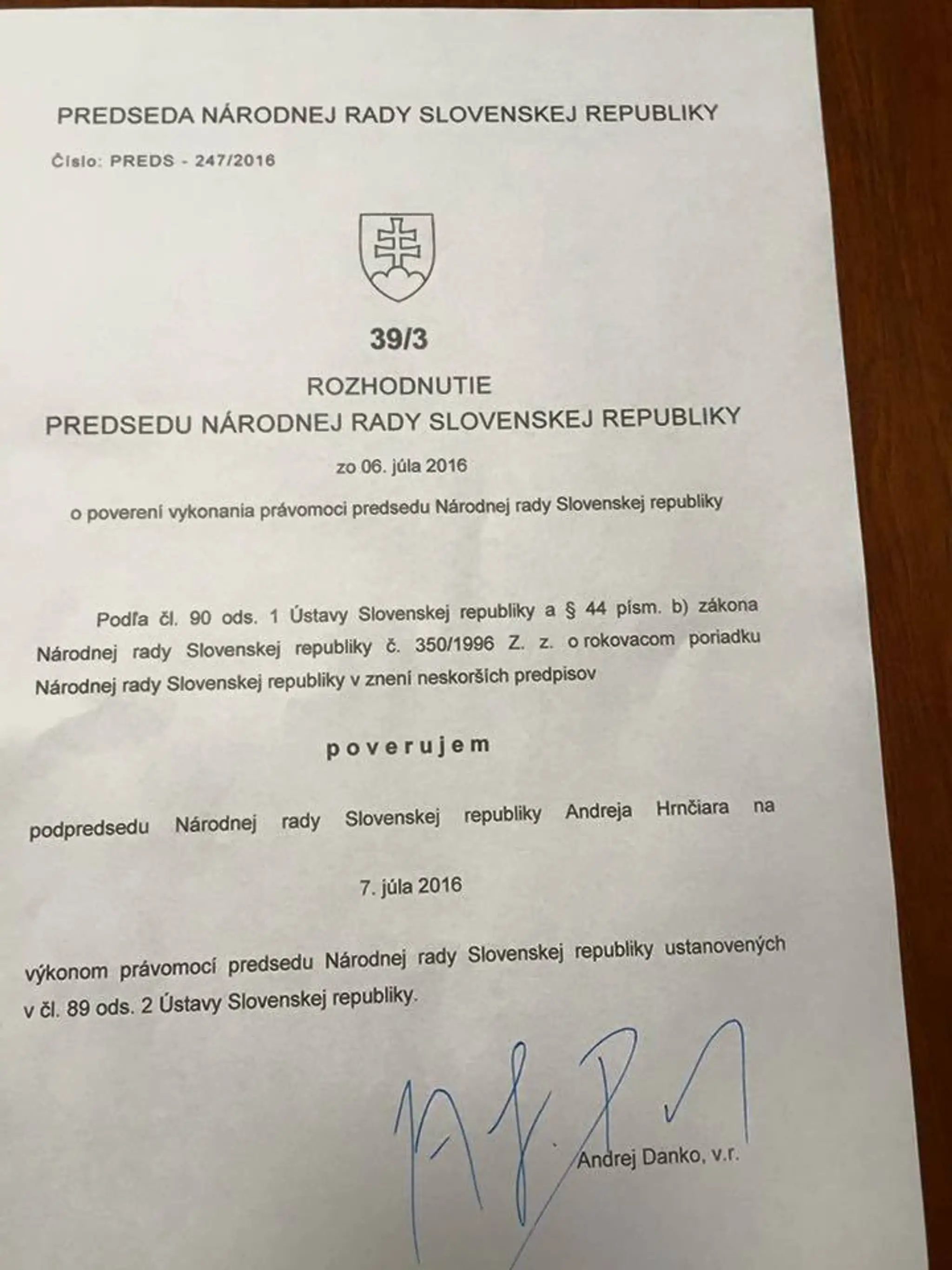 Poverenie Andreja Hrnčiara viesť schôdzu NR SR