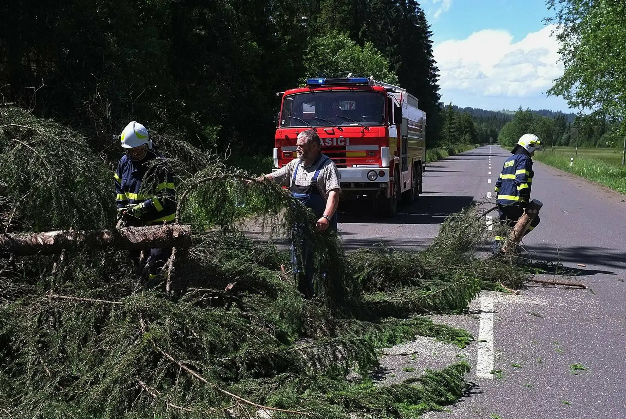 Na snímke hasiči a dobrovoľní hasiči zo Ždiaru odpratávajú popadané stromy z cesty