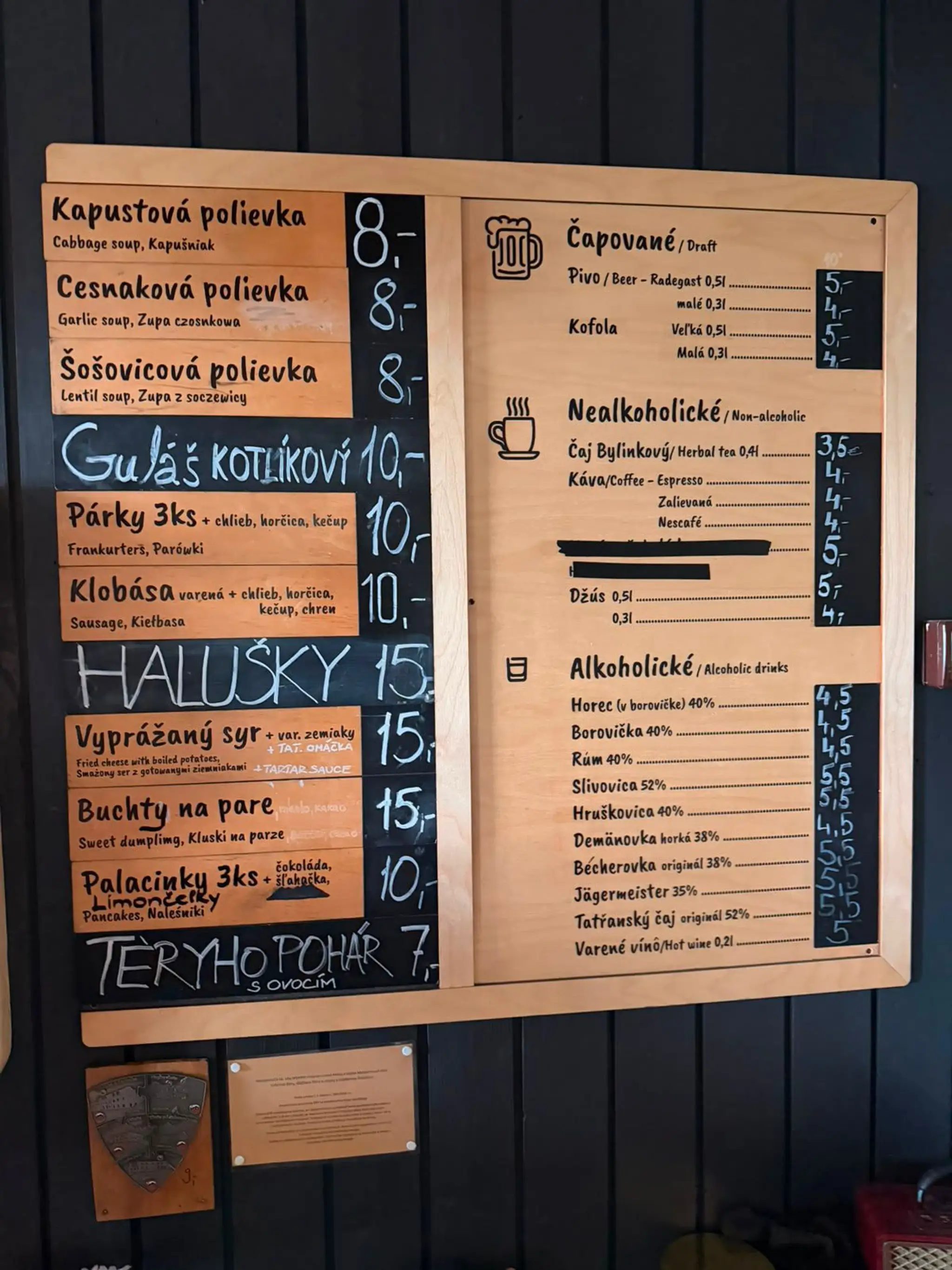 Aktuálny cenník, ktorý nám poslal nájomca Téryho chaty.