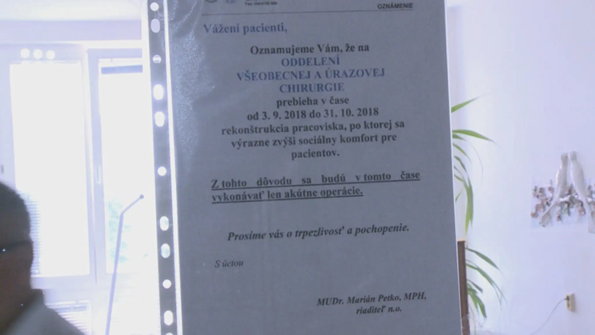 Oznam o uzatvorení oddelenia v bardejovskej nemocnici.