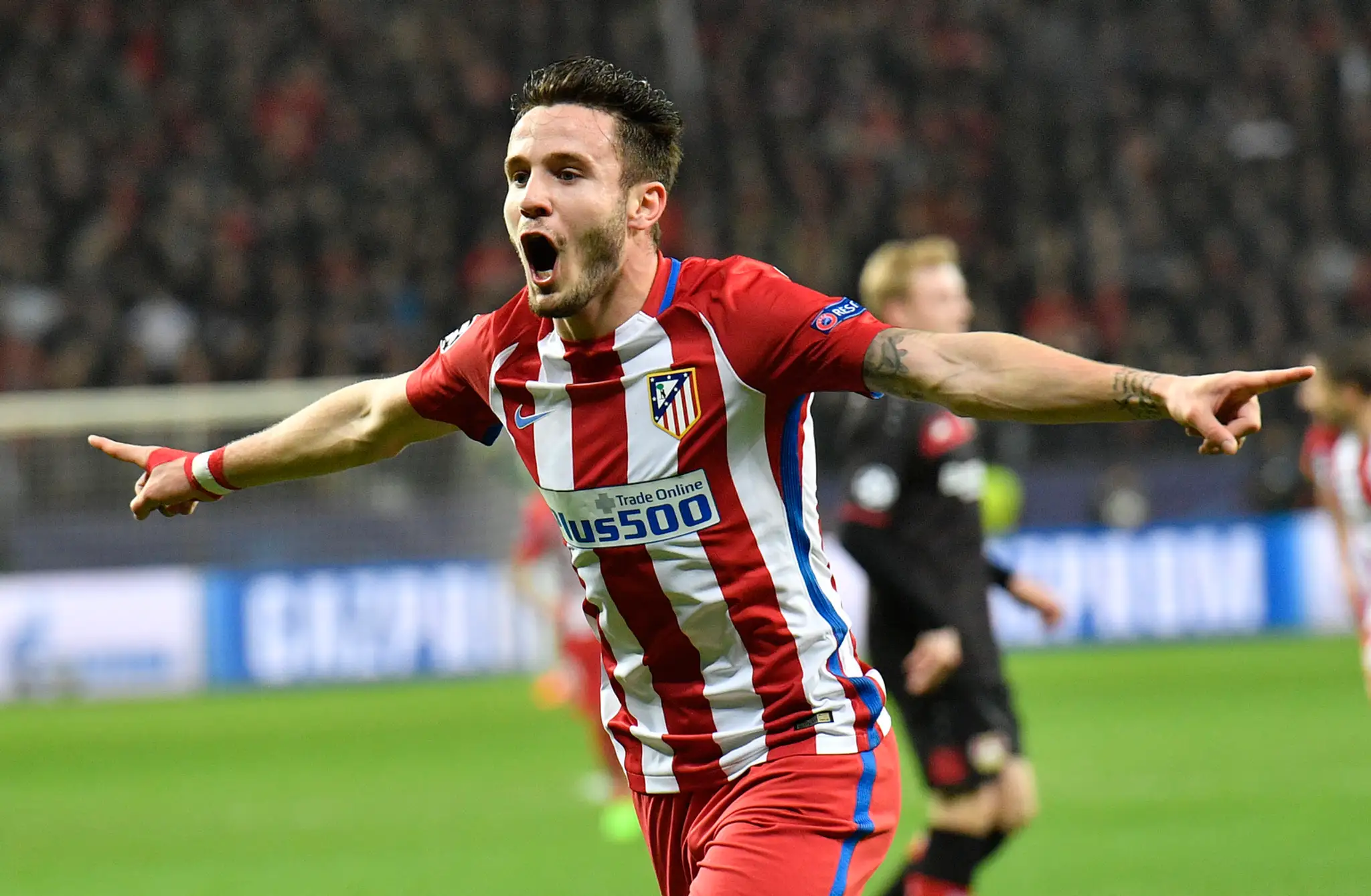 Saúl Níguez z Atlética oslavuje gól do siete Leverkusenu v osemfinále LM.