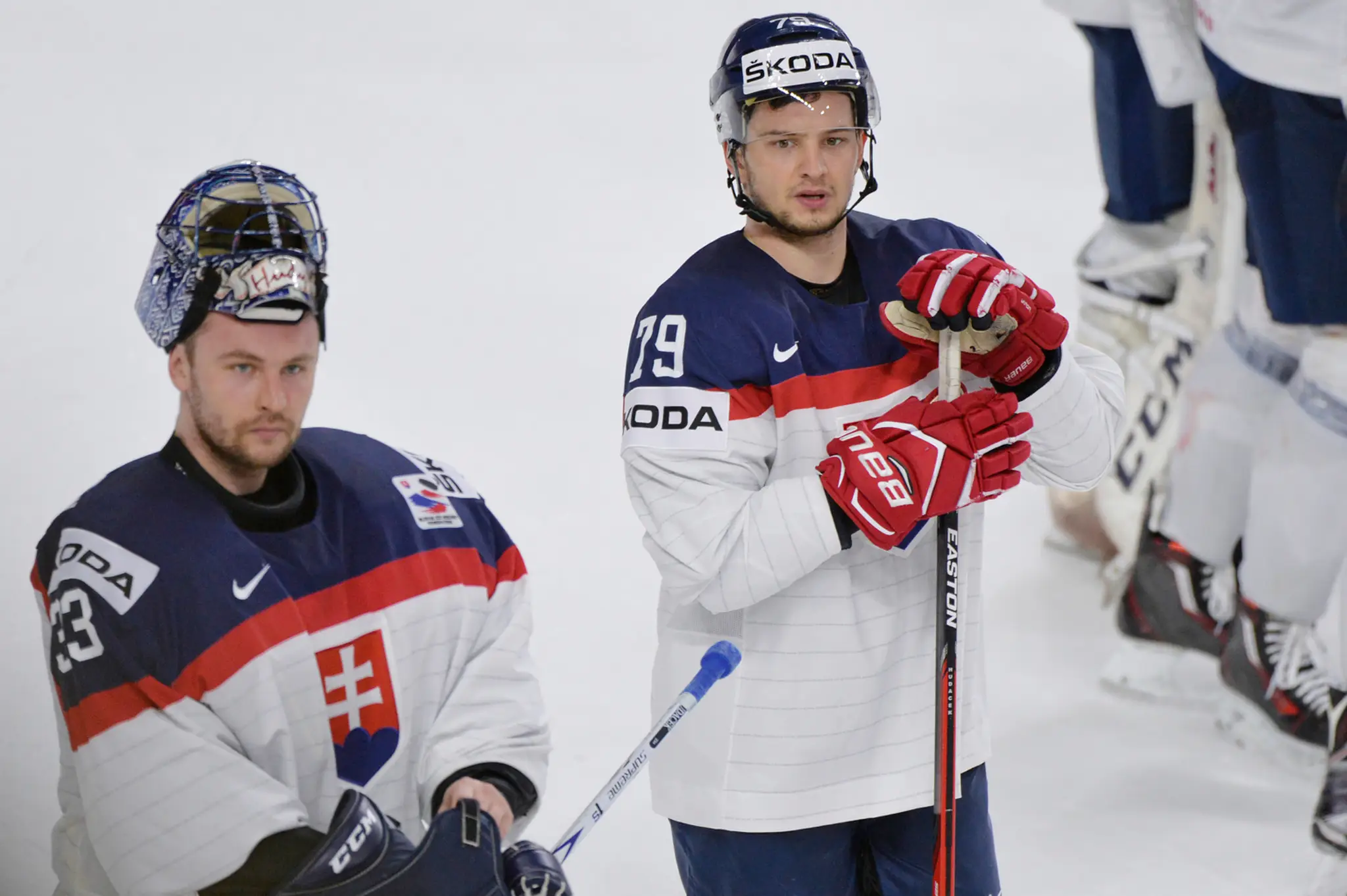 Július Hudáček (vľavo) a Libor Hudáček po prehre Slovenska v dueli MS 2017 proti Rusku.
