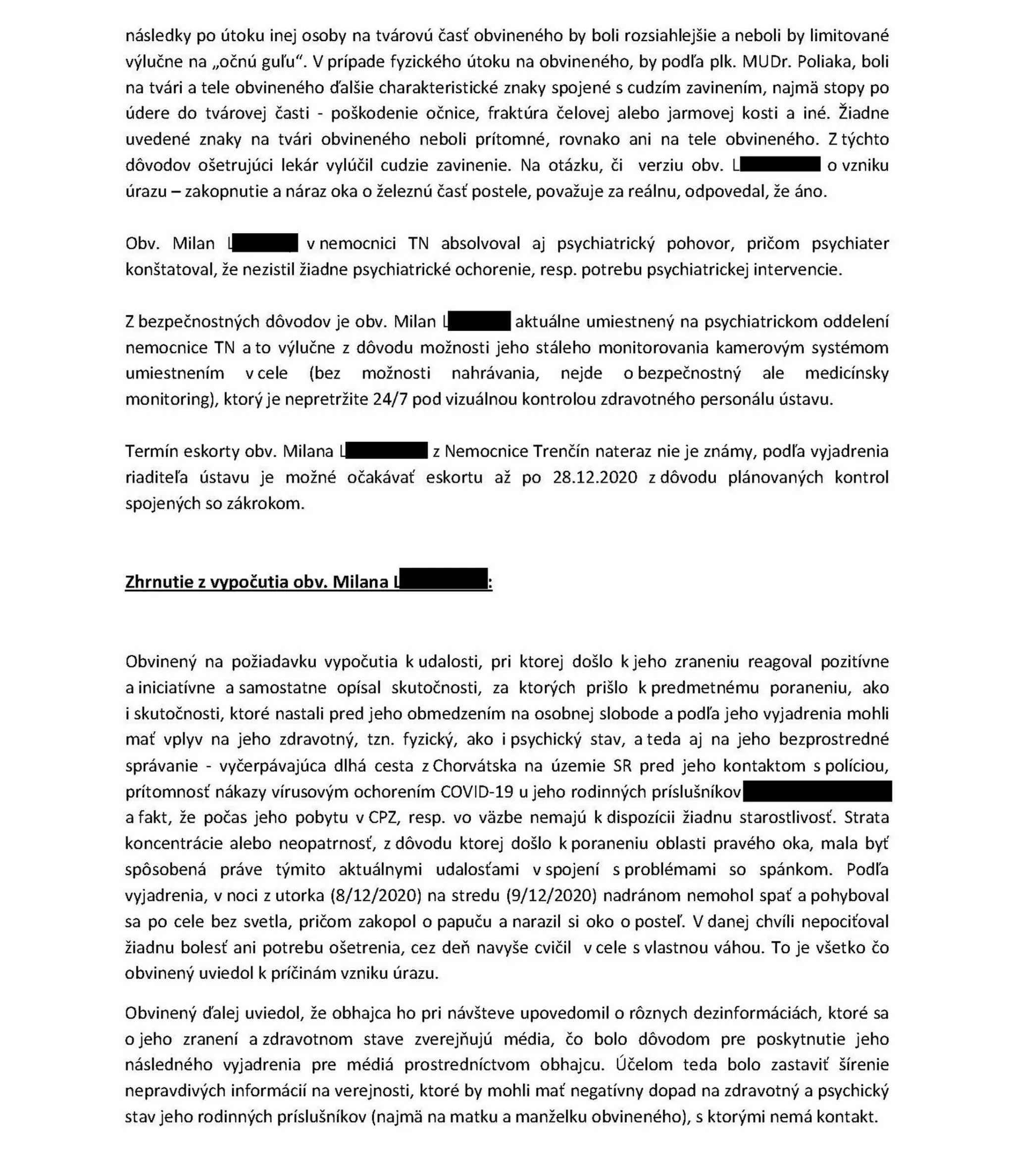 Záznam o pokusu o samovraždu Milana Lučanského.