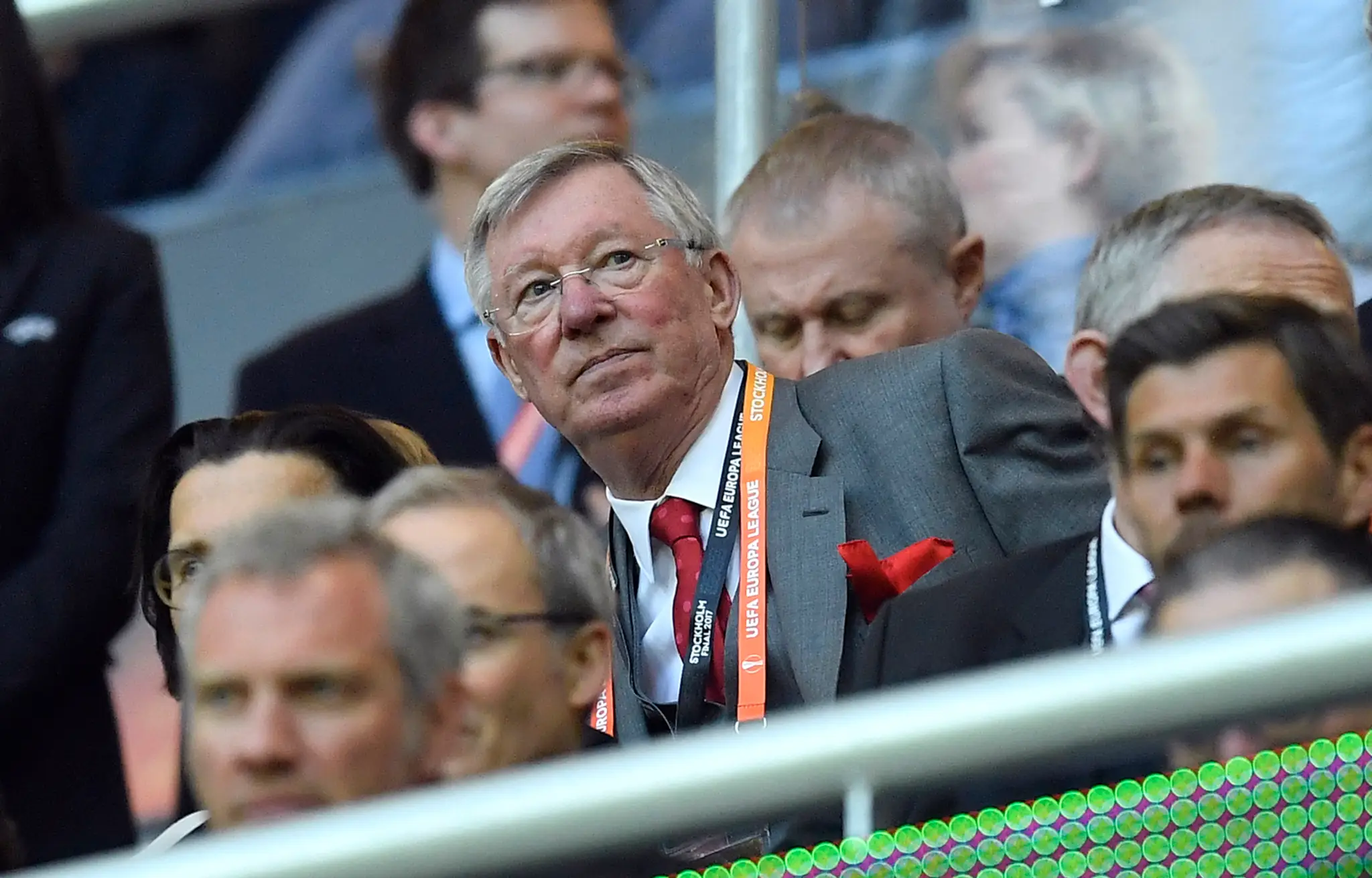 Bývalý tréner Manchestru Alex Ferguson na tribúne počas zápasu finále Európskej ligy UEFA Ajax Amsterdam - Manchester United.