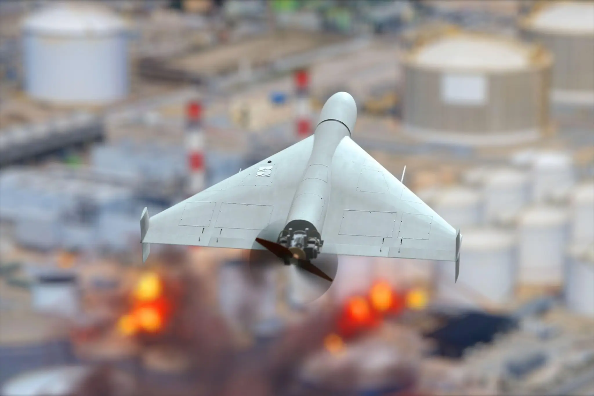 Vojenský dron sa blíži k rafinérii.