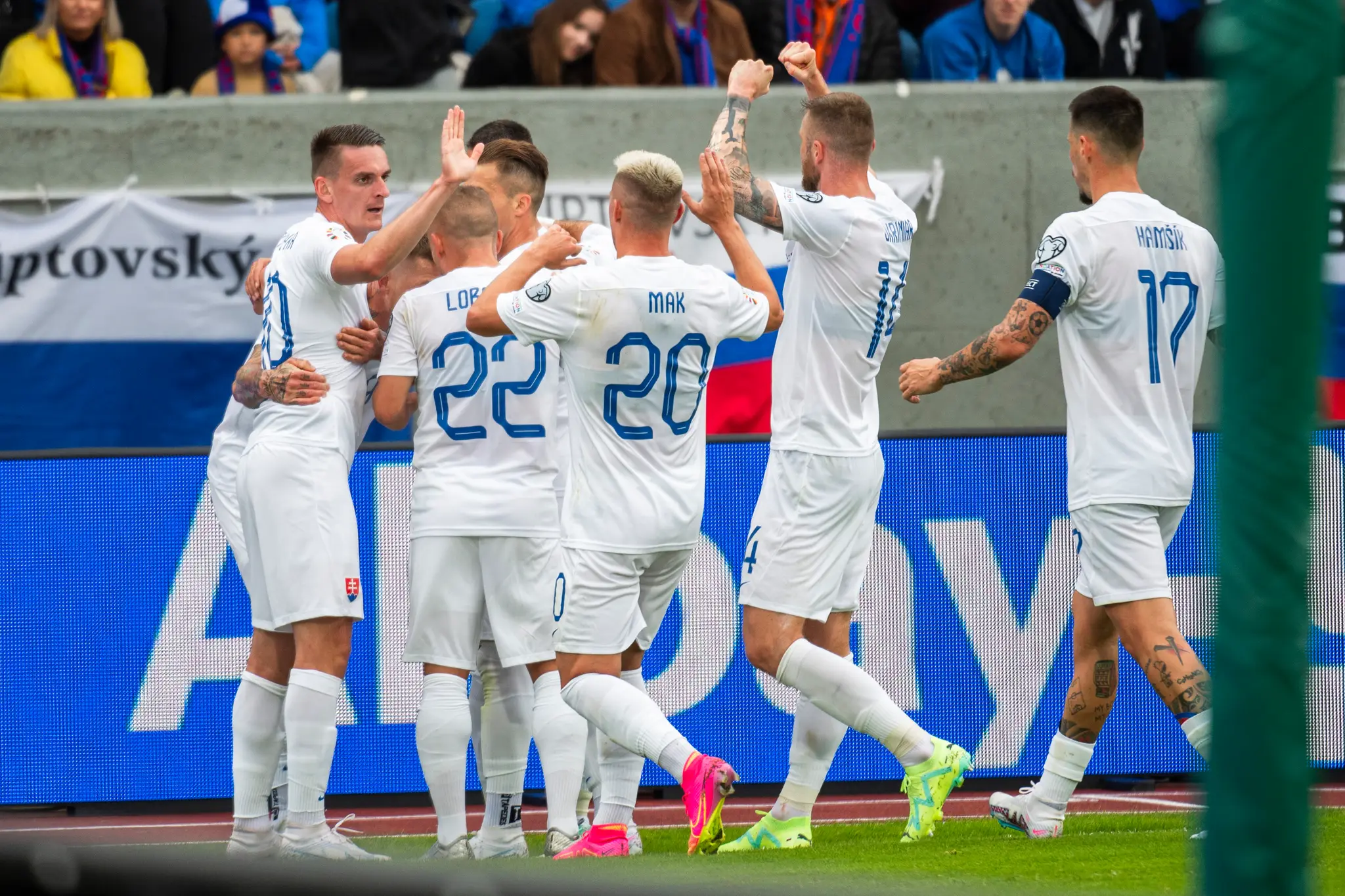 Slovenskí futbalisti sa tešia z gólu.