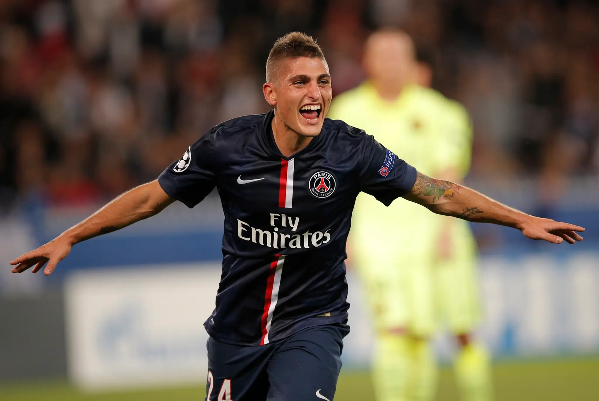 Marco Verratti (PSG) sa teší z gólu do siete FC Barcelona v skupinovej fáze Ligy majstrov 2014/2015