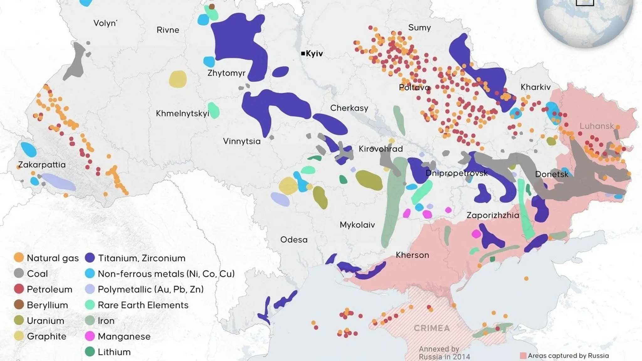 Mapa ložísk vzácnych minerálov na Ukrajine.